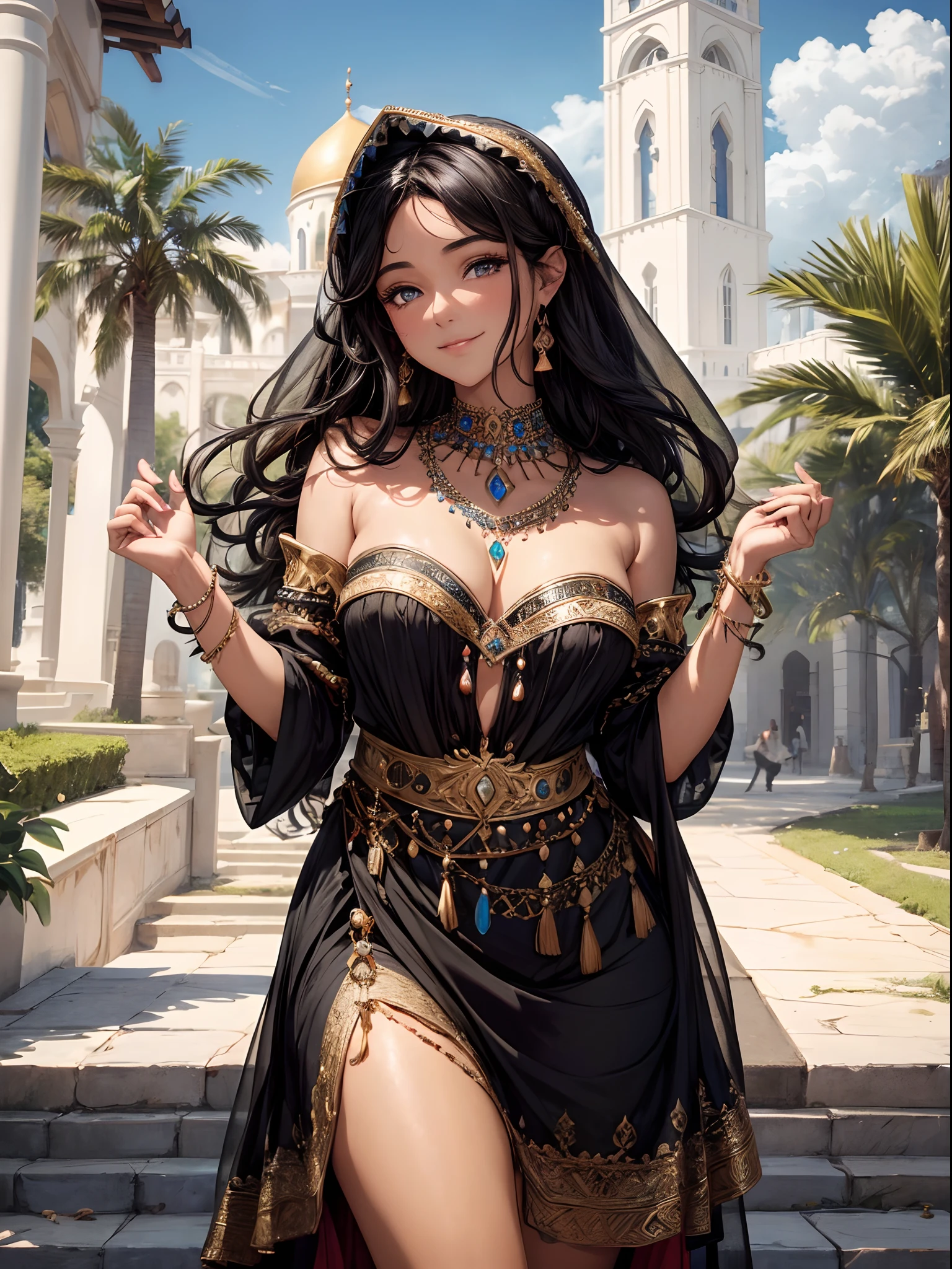 absurderes,(masterpiece、top-quality、8K ),intricate detailes,ultra-detailliert、1 Beautiful Arab Woman、(Gypsy national costume,:1.4)Cinematic composition,A slight smil、darkskinned、black curly hair、In the gypsy house、Hyper realistic,Perfect Anatomy