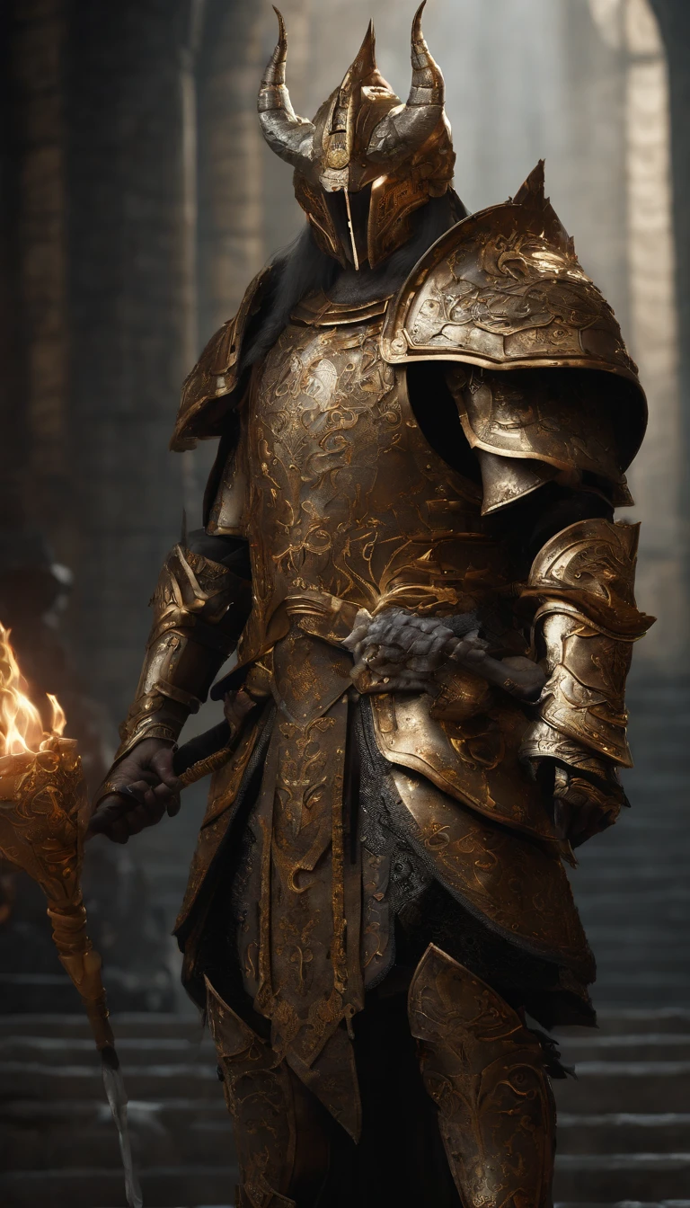 warrior, concept-art, author：Kishiganku, Fantasy art, Zen temple background, clean render, a horned, Wear a suit of armor, Detailed bushido form smoke, helmet of a forgotten deity, character is standing, 8k Realistic, in game render, detailed face background detail, Art station front page, taur, Pseudo-medieval fantasy, A deity wearing koi armor, detailed bronze armor, Bronze armor, golden etched armor, gold obsidian armor, Light gold armor, Gorgeous filigree armor, A demonic warrior, Gorgeous armor full of thorns, Intricate assasin armor, Intricate metal armor, powerful warrior, Dressed in gorgeous gold armor，Decorated with intricate patterns, The helmet has a large crown and two horns,Glowing red eyes， Everything is in the dark, The smoky background hints at battle scenes, Add an ominous aura to his character，submission, Full body shot.