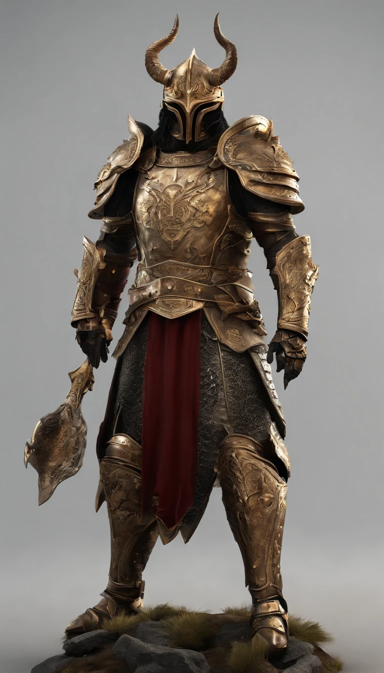 warrior, concept-art, author:Kishiganku, Fantasy art, Zen temple background, clean render, a horned, Wear a suit of armor, Detailed bushido form smoke, helmet of a forgotten deity, character is standing, 8k Realistic, in game render, detailed face background detail, Art station front page, taur, Pseudo-medieval fantasy, A deity wearing koi armor, detailed bronze armor, Bronze armor, golden etched armor, gold obsidian armor, Light gold armor, Gorgeous filigree armor, A demonic warrior, Gorgeous armor full of thorns, Intricate assasin armor, Intricate metal armor, powerful warrior, Dressed in gorgeous gold armor,Decorated with intricate patterns, The helmet has a large crown and two horns,Glowing red eyes, Everything is in the dark, The smoky background hints at battle scenes, Add an ominous aura to his character,submission, Full body shot.