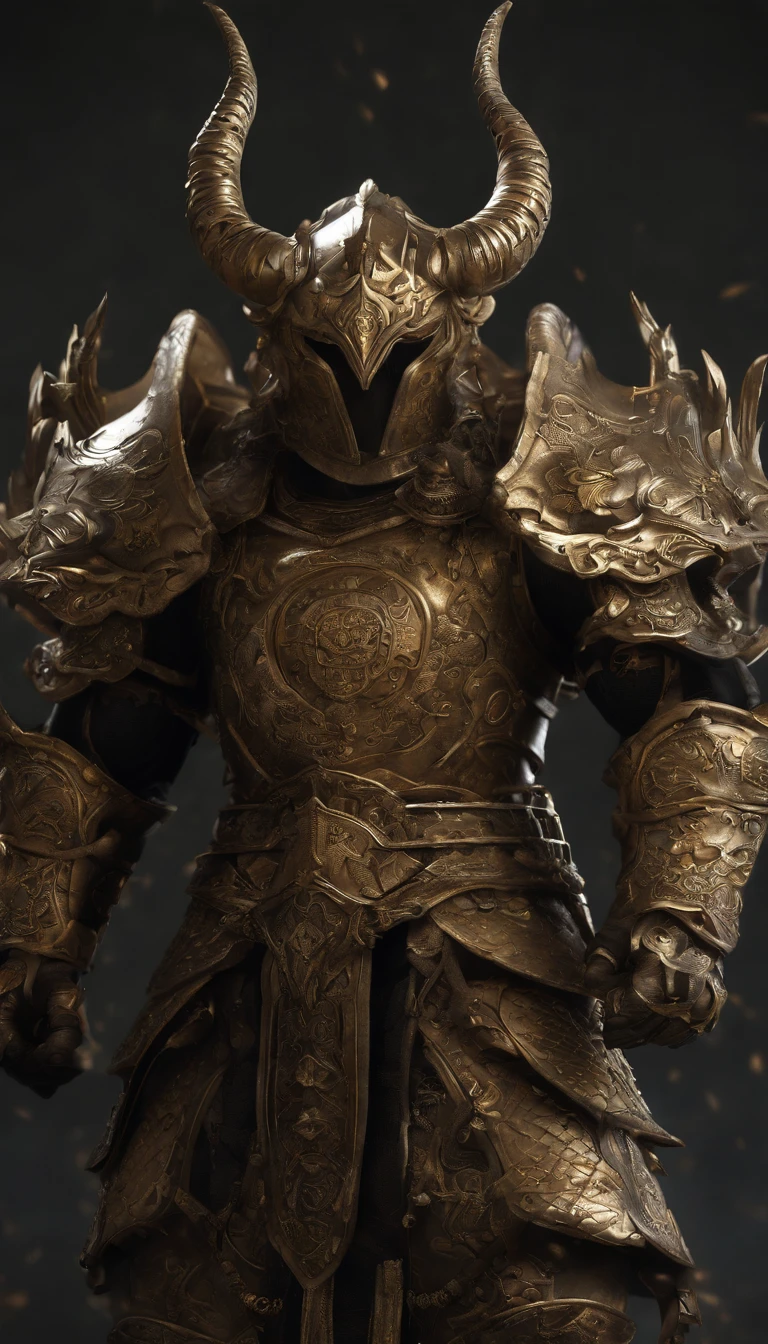 warrior, concept-art, author:Kishiganku, Fantasy art, Zen temple background, clean render, a horned, Wear a suit of armor, Detailed bushido form smoke, helmet of a forgotten deity, character is standing, 8k Realistic, in game render, detailed face background detail, Art station front page, taur, Pseudo-medieval fantasy, A deity wearing koi armor, detailed bronze armor, Bronze armor, golden etched armor, gold obsidian armor, Light gold armor, Gorgeous filigree armor, A demonic warrior, Gorgeous armor full of thorns, Intricate assasin armor, Intricate metal armor, powerful warrior, Dressed in gorgeous gold armor,Decorated with intricate patterns, The helmet has a large crown and two horns,Glowing red eyes, Everything is in the dark, The smoky background hints at battle scenes, Add an ominous aura to his character,submission, Full body shot.