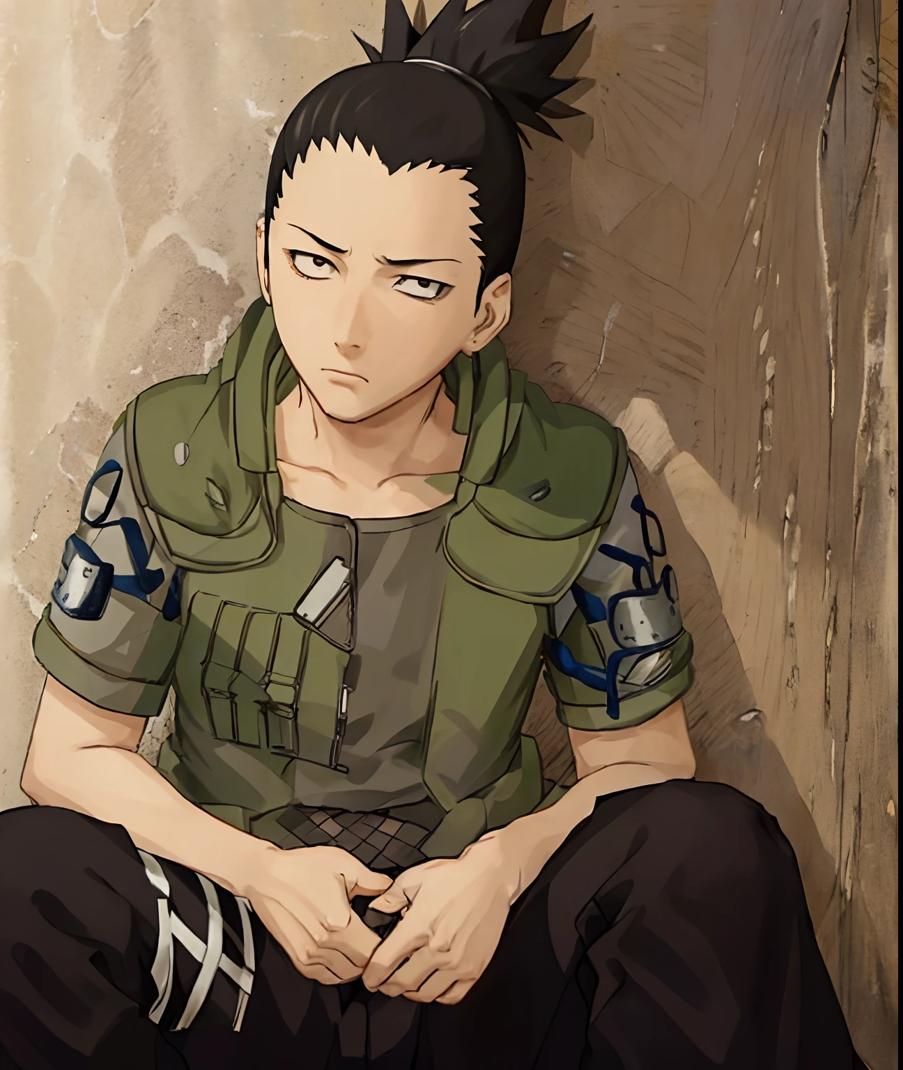 Nara_Shikamaru, 1boy, Solo, leaning against wall, on a balcony, Beautiful sky