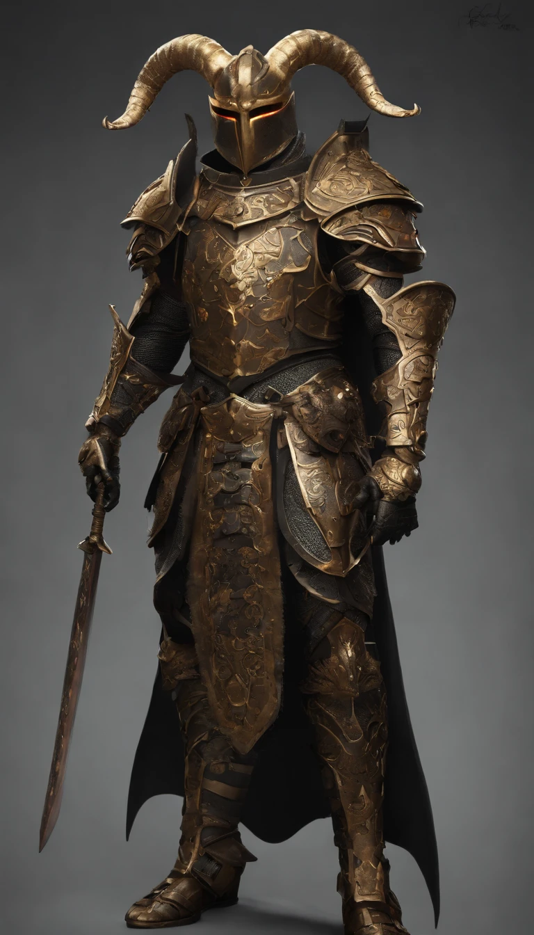 warrior, concept-art, author:Kishiganku, Fantasy art, Zen temple background, clean render, a horned, Wear a suit of armor, Detailed bushido form smoke, helmet of a forgotten deity, character is standing, 8k Realistic, in game render, detailed face background detail, Art station front page, taur, Pseudo-medieval fantasy, A deity wearing koi armor, detailed bronze armor, Bronze armor, golden etched armor, gold obsidian armor, Light gold armor, Gorgeous filigree armor, A demonic warrior, Gorgeous armor full of thorns, Intricate assasin armor, Intricate metal armor, powerful warrior, Dressed in gorgeous gold armor,Decorated with intricate patterns, The helmet has a large crown and two horns,Glowing red eyes, Everything is in the dark, The smoky background hints at battle scenes, Add an ominous aura to his character,submission, Full body shot.