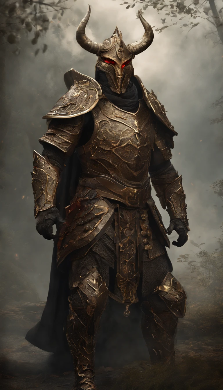 warrior, concept-art, author:Kishiganku, Fantasy art, Zen temple background, clean render, a horned, Wear a suit of armor, Detailed bushido form smoke, helmet of a forgotten deity, character is standing, 8k Realistic, in game render, detailed face background detail, Art station front page, taur, Pseudo-medieval fantasy, A deity wearing koi armor, detailed bronze armor, Bronze armor, golden etched armor, gold obsidian armor, Light gold armor, Gorgeous filigree armor, A demonic warrior, Gorgeous armor full of thorns, Intricate assasin armor, Intricate metal armor, powerful warrior, Dressed in gorgeous gold armor,Decorated with intricate patterns, The helmet has a large crown and two horns,Glowing red eyes, Everything is in the dark, The smoky background hints at battle scenes, Add an ominous aura to his character,submission, Full body shot.