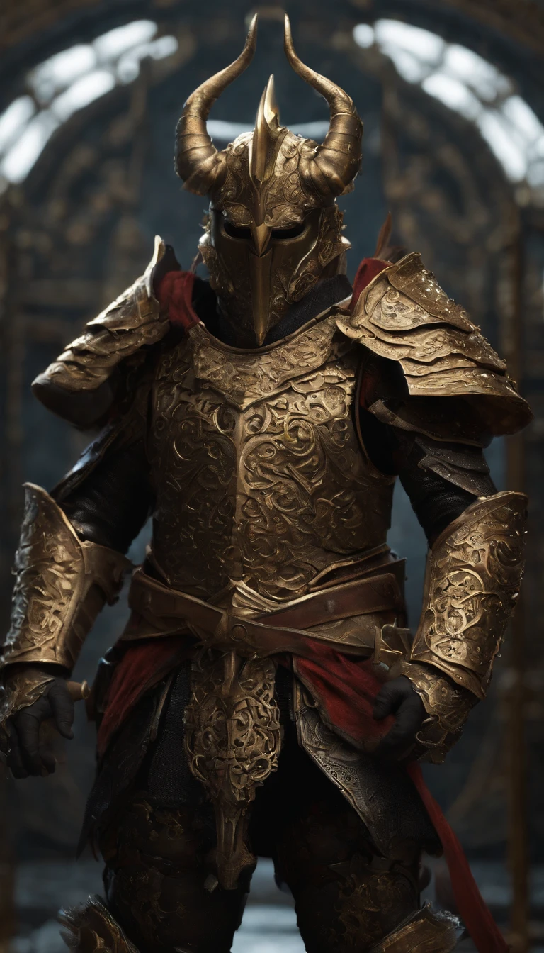 warrior, concept-art, author：Kishiganku, Fantasy art, Zen temple background, clean render, a horned, Wear a suit of armor, Detailed bushido form smoke, helmet of a forgotten deity, character is standing, 8k Realistic, in game render, detailed face background detail, Art station front page, taur, Pseudo-medieval fantasy, A deity wearing koi armor, detailed bronze armor, Bronze armor, golden etched armor, gold obsidian armor, Light gold armor, Gorgeous filigree armor, A demonic warrior, Gorgeous armor full of thorns, Intricate assasin armor, Intricate metal armor, powerful warrior, Dressed in gorgeous gold armor，Decorated with intricate patterns, The helmet has a large crown and two horns,Glowing red eyes， Everything is in the dark, The smoky background hints at battle scenes, Add an ominous aura to his character，submission, Full body shot.