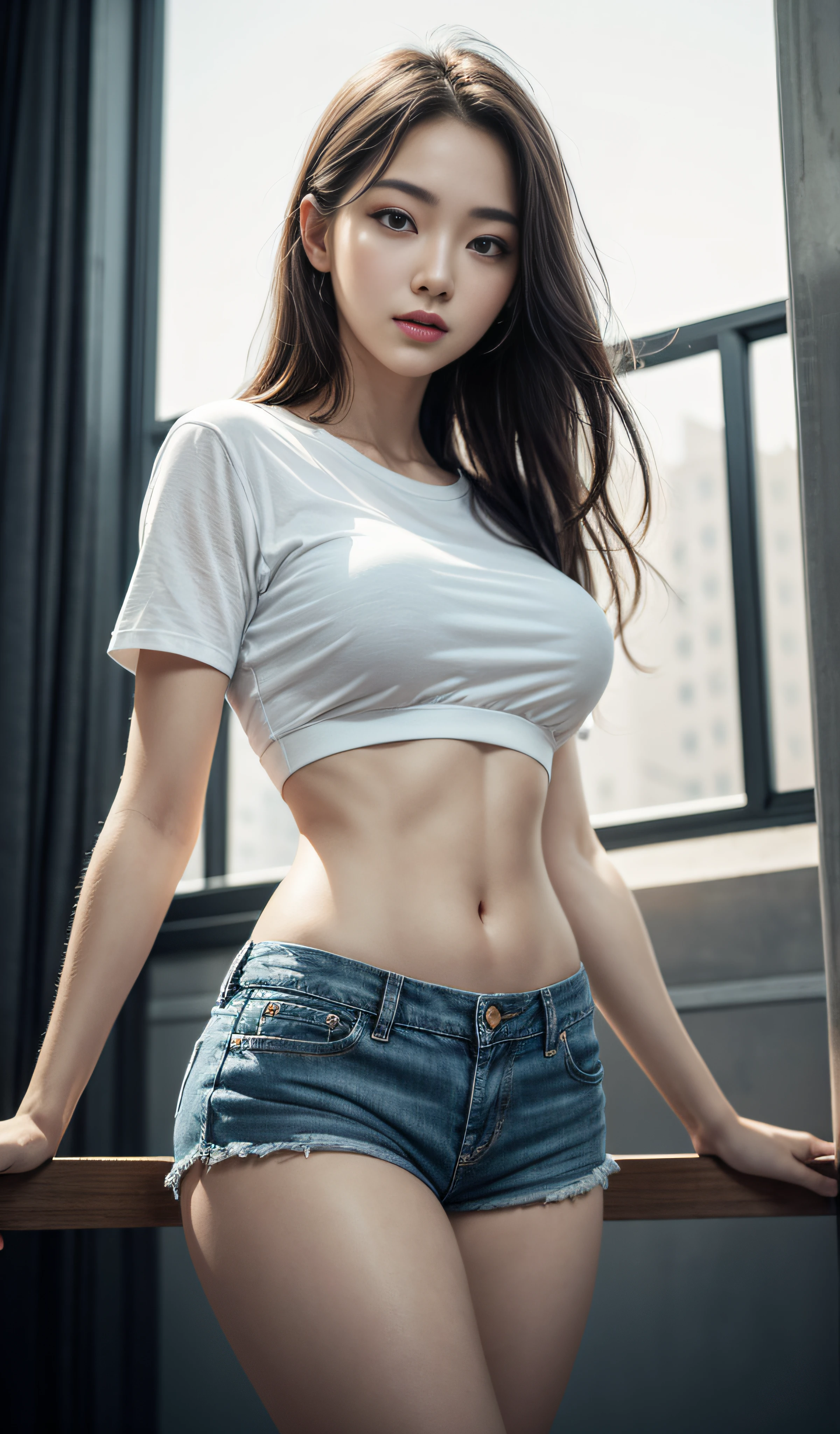 best qualtiy, tmasterpiece, high resolucion;,8K,(realisticlying:1.4),超High resolution A,1girll, ultra - detailed, hyper realisitc, Highly detailed CG illustrations, offcial art, Cinematic light, Realistis, Young and beautiful girl, perfect body figure, perfect body figure, Full POV, Perfect Body, (Start below:1.3), lascivious pose, Long sexy legs, self-assured, beautiful sexy, gray short sleeves, Open abdomen, black super shorts, S-shaped body, upturned buttocks,posing in,posando,different perspectives,Standby distance detection,Show High(Show High)(Show High(Show High))(Show High(Show High)(Show High(Show High))),Leg length markings