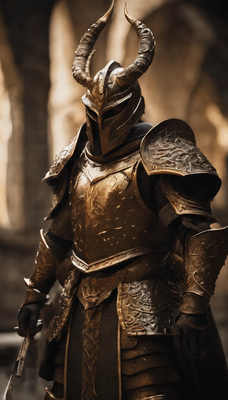warrior, concept-art, author：Kishiganku, Fantasy art, Zen temple background, clean render, a horned, Wear a suit of armor, Detailed bushido form smoke, helmet of a forgotten deity, character is standing, 8k Realistic, in game render, detailed face background detail, Art station front page, taur, Pseudo-medieval fantasy, A deity wearing koi armor, detailed bronze armor, Bronze armor, golden etched armor, gold obsidian armor, Light gold armor, Gorgeous filigree armor, A demonic warrior, Gorgeous armor full of thorns, Intricate assasin armor, Intricate metal armor, powerful warrior, Dressed in gorgeous gold armor，Decorated with intricate patterns, The helmet has a large crown and two horns,Glowing red eyes， Everything is in the dark, The smoky background hints at battle scenes, Add an ominous aura to his character，submission, Full body shot.