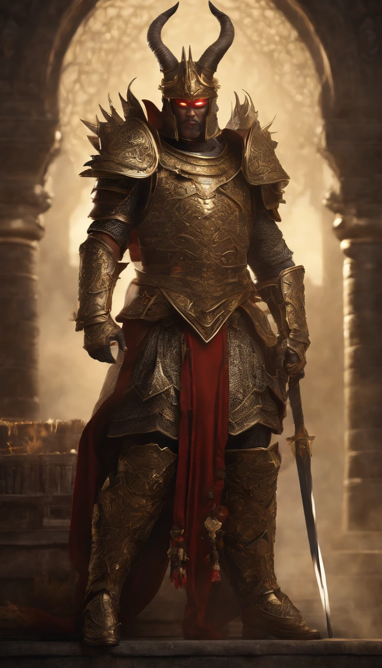 warrior, concept-art, author：Kishiganku, Fantasy art, Zen temple background, clean render, a horned, Wear a suit of armor, Detailed bushido form smoke, helmet of a forgotten deity, character is standing, 8k Realistic, in game render, detailed face background detail, Art station front page, taur, Pseudo-medieval fantasy, A deity wearing koi armor, detailed bronze armor, Bronze armor, golden etched armor, gold obsidian armor, Light gold armor, Gorgeous filigree armor, A demonic warrior, Gorgeous armor full of thorns, Intricate assasin armor, Intricate metal armor, powerful warrior, Dressed in gorgeous gold armor，Decorated with intricate patterns, The helmet has a large crown and two horns,Glowing red eyes， Everything is in the dark, The smoky background hints at battle scenes, Add an ominous aura to his character，submission, Full body shot.