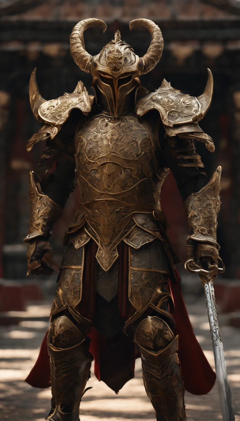 warrior, concept-art, author：Kishiganku, Fantasy art, Zen temple background, clean render, a horned, Wear a suit of armor, Detailed bushido form smoke, helmet of a forgotten deity, character is standing, 8k Realistic, in game render, detailed face background detail, Art station front page, taur, Pseudo-medieval fantasy, A deity wearing koi armor, detailed bronze armor, Bronze armor, golden etched armor, gold obsidian armor, Light gold armor, Gorgeous filigree armor, A demonic warrior, Gorgeous armor full of thorns, Intricate assasin armor, Intricate metal armor, powerful warrior, Dressed in gorgeous gold armor，Decorated with intricate patterns, The helmet has a large crown and two horns,Glowing red eyes， Everything is in the dark, The smoky background hints at battle scenes, Add an ominous aura to his character，submission, Full body shot.
