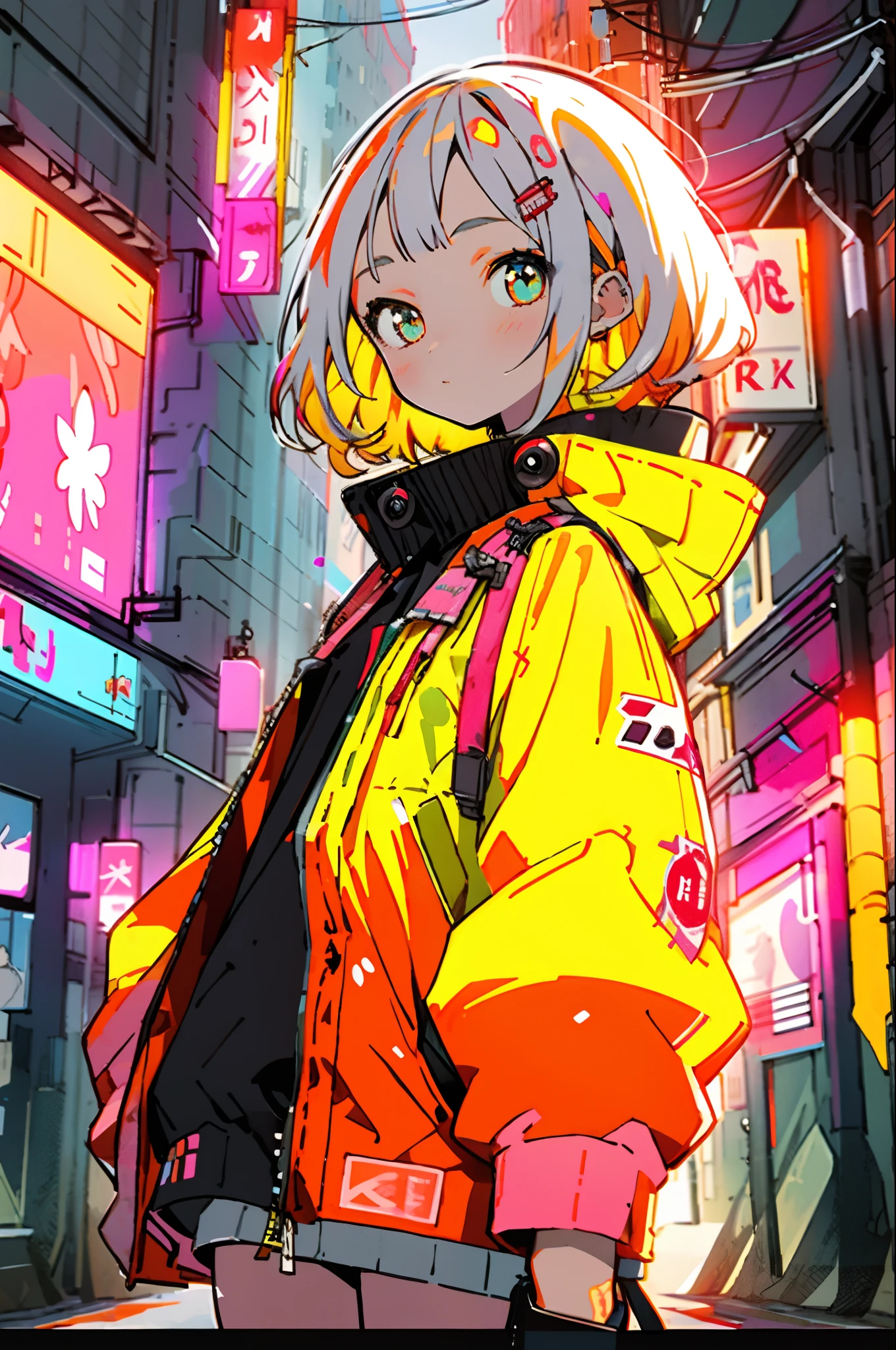 ​masterpiece, top-quality, 1girl, City Pop, natta, neon light, Look at another one, The upper part of the body, vector illustrations, jaket, Light smile, bluntbangs, length hair, Lofi art,