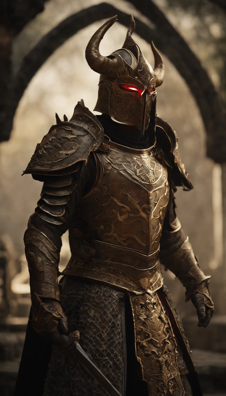 warrior, concept-art, author:Kishiganku, Fantasy art, Zen temple background, clean render, a horned, Wear a suit of armor, Detailed bushido form smoke, helmet of a forgotten deity, character is standing, 8k Realistic, in game render, detailed face background detail, Art station front page, taur, Pseudo-medieval fantasy, A deity wearing koi armor, detailed bronze armor, Bronze armor, golden etched armor, gold obsidian armor, Light gold armor, Gorgeous filigree armor, A demonic warrior, Gorgeous armor full of thorns, Intricate assasin armor, Intricate metal armor, powerful warrior, Dressed in gorgeous gold armor,Decorated with intricate patterns, The helmet has a large crown and two horns,Glowing red eyes, Everything is in the dark, The smoky background hints at battle scenes, Add an ominous aura to his character,submission, Full body shot.