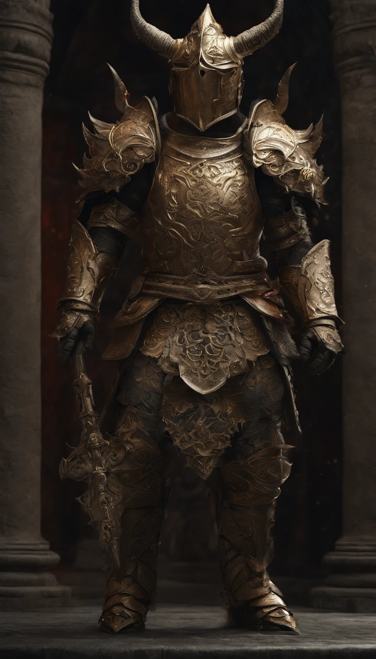 warrior, concept-art, author:Kishiganku, Fantasy art, Zen temple background, clean render, a horned, Wear a suit of armor, Detailed bushido form smoke, helmet of a forgotten deity, character is standing, 8k Realistic, in game render, detailed face background detail, Art station front page, taur, Pseudo-medieval fantasy, A deity wearing koi armor, detailed bronze armor, Bronze armor, golden etched armor, gold obsidian armor, Light gold armor, Gorgeous filigree armor, A demonic warrior, Gorgeous armor full of thorns, Intricate assasin armor, Intricate metal armor, powerful warrior, Dressed in gorgeous gold armor,Decorated with intricate patterns, The helmet has a large crown and two horns,Glowing red eyes, Everything is in the dark, The smoky background hints at battle scenes, Add an ominous aura to his character,submission, Full body shot.