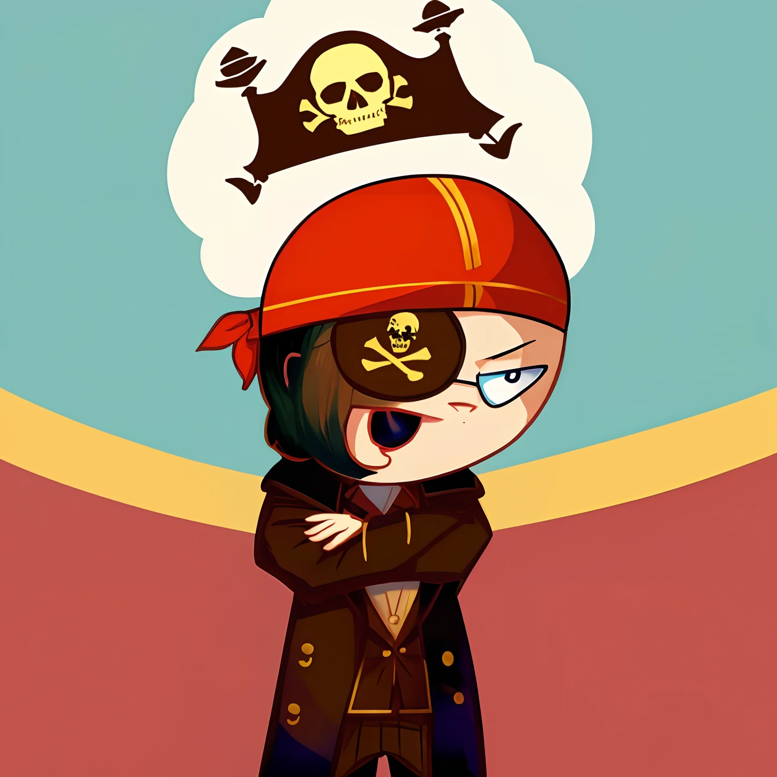 cartoon character of a man with a pirate hat and a skull on his head, a pirate, wearing an eyepatch, he wears an eyepatch, eyepatch, pirate, ( pirate with a bandanna ), pirates, wearing an eye patch, jake the dog, eye patch over one eye, , portrait of a young pirate, eye patch on one eye, chibi