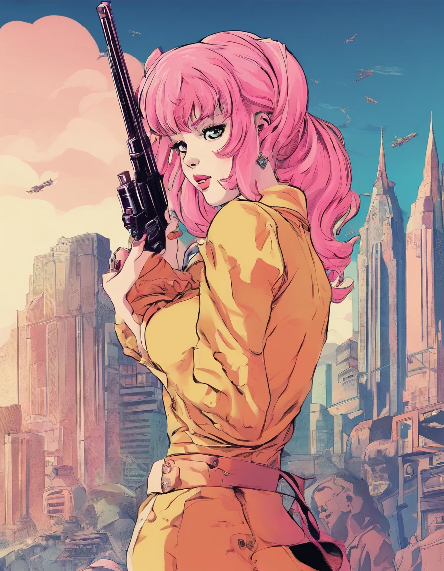 sara valestein, trails of cold steel, anime, long pink hair in a ponytail with bangs, 30 year old woman, teacher, wearing beige jacket over blue skirt, cleavage, happy drunk, resistance fighter WW2, ruined city, holding long red sword and pistol, battlefield photo, propaganda photo