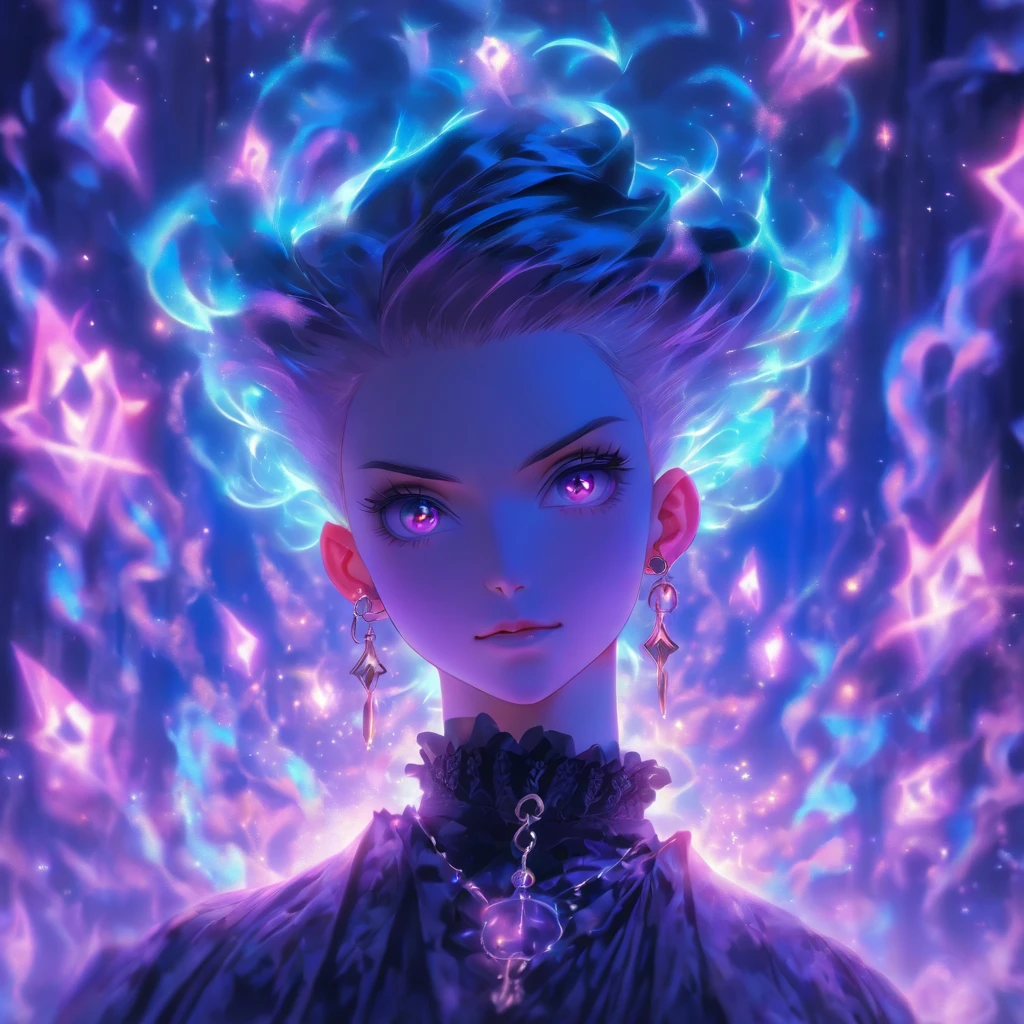 androgynous male Gothic lolita with purple shaved head, casting glowing soul spells while wearing lolita dress