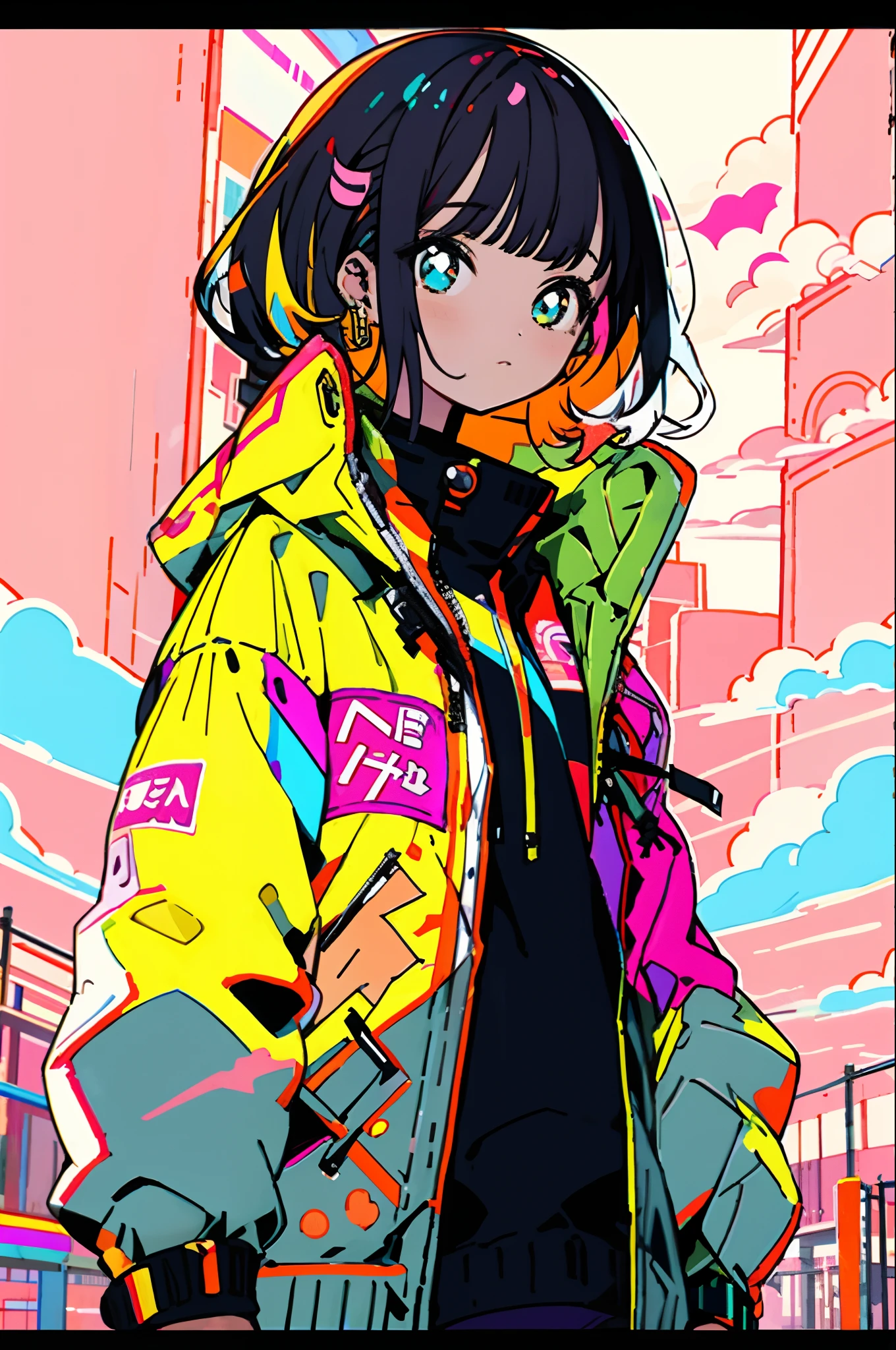 ​masterpiece, top-quality, 1girl, City Pop, natta, Look at another one, The upper part of the body, vector illustrations, jaket, Light smile, bluntbangs, length hair, lofi art,