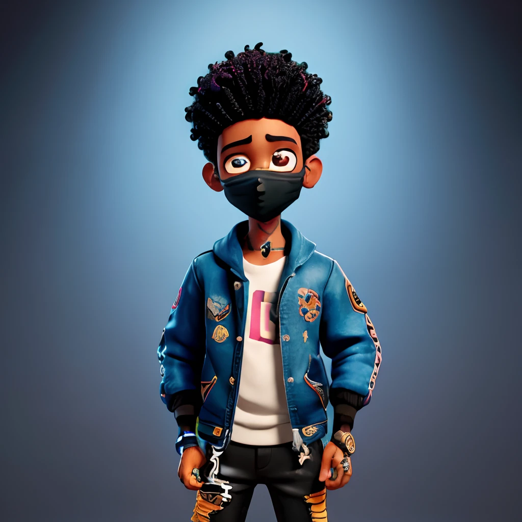 The most beautiful and sexy punk rock boy, black Afro, cabello color arco iris, ojos amarillos, dark skin, usar una sudadera con capucha, Graphic design jacket and torn jeans, toneladas de tatuajes y piercings, Obra maestra perfecta, alta calidad, High resolution, black face mask