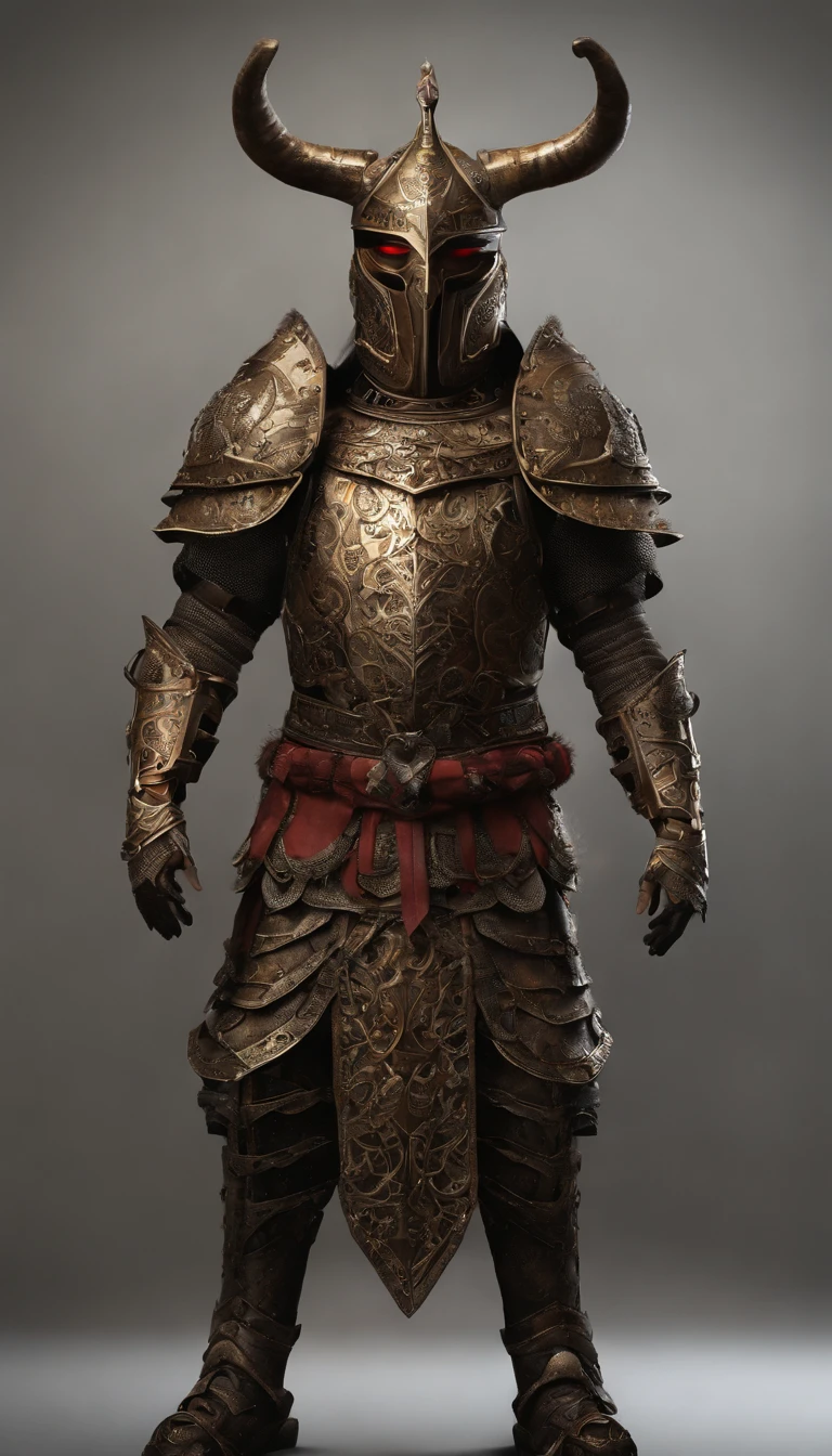 warrior, concept-art, author:Kishiganku, Fantasy art, Zen temple background, clean render, a horned, Wear a suit of armor, Detailed bushido form smoke, helmet of a forgotten deity, character is standing, 8k Realistic, in game render, detailed face background detail, Art station front page, taur, Pseudo-medieval fantasy, A deity wearing koi armor, detailed bronze armor, Bronze armor, golden etched armor, gold obsidian armor, Light gold armor, Gorgeous filigree armor, A demonic warrior, Gorgeous armor full of thorns, Intricate assasin armor, Intricate metal armor, powerful warrior, Dressed in gorgeous gold armor,Decorated with intricate patterns, The helmet has a large crown and two horns,Glowing red eyes, Everything is in the dark, The smoky background hints at battle scenes, Add an ominous aura to his character,submission, Full body shot.fully body photo