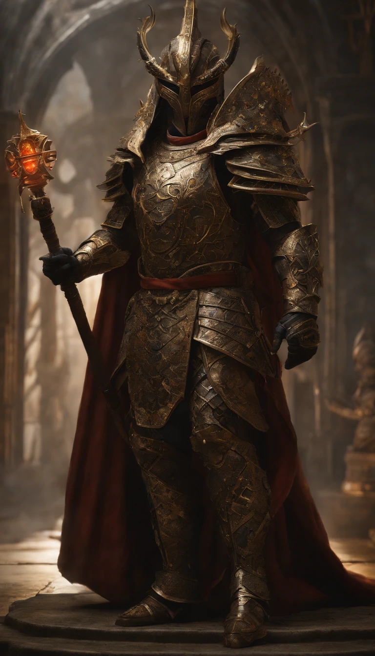 warrior, concept-art, author:Kishiganku, Fantasy art, Zen temple background, clean render, a horned, Wear a suit of armor, Detailed bushido form smoke, helmet of a forgotten deity, character is standing, 8k Realistic, in game render, detailed face background detail, Art station front page, taur, Pseudo-medieval fantasy, A deity wearing koi armor, detailed bronze armor, Bronze armor, golden etched armor, gold obsidian armor, Light gold armor, Gorgeous filigree armor, A demonic warrior, Gorgeous armor full of thorns, Intricate assasin armor, Intricate metal armor, powerful warrior, Dressed in gorgeous gold armor,Decorated with intricate patterns, The helmet has a large crown and two horns,Glowing red eyes, Everything is in the dark, The smoky background hints at battle scenes, Add an ominous aura to his character,submission, Full body shot.fully body photo