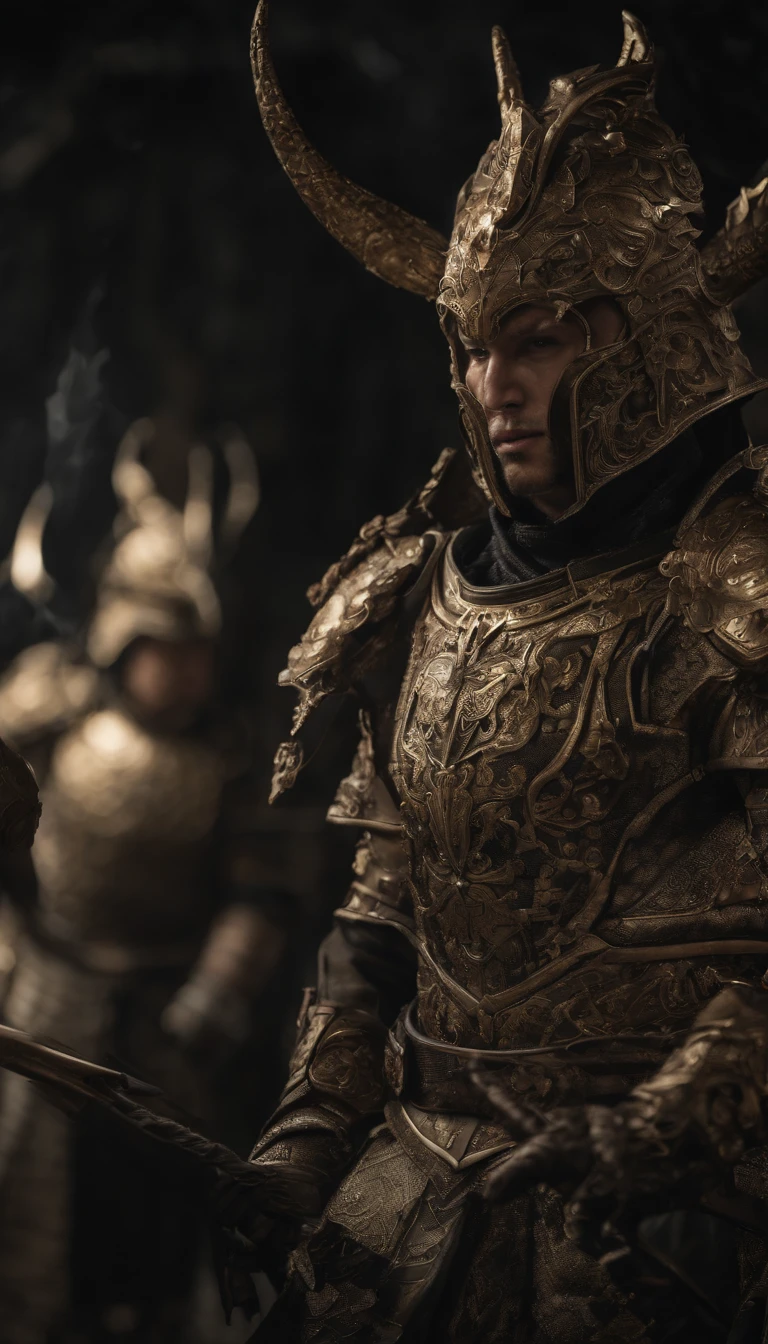 warrior, concept-art, author:Kishiganku, Fantasy art, Zen temple background, clean render, a horned, Wear a suit of armor, Detailed bushido form smoke, helmet of a forgotten deity, character is standing, 8k Realistic, in game render, detailed face background detail, Art station front page, taur, Pseudo-medieval fantasy, A deity wearing koi armor, detailed bronze armor, Bronze armor, golden etched armor, gold obsidian armor, Light gold armor, Gorgeous filigree armor, A demonic warrior, Gorgeous armor full of thorns, Intricate assasin armor, Intricate metal armor, powerful warrior, Dressed in gorgeous gold armor,Decorated with intricate patterns, The helmet has a large crown and two horns,Glowing red eyes, Everything is in the dark, The smoky background hints at battle scenes, Add an ominous aura to his character,submission, Full body shot.fully body photo