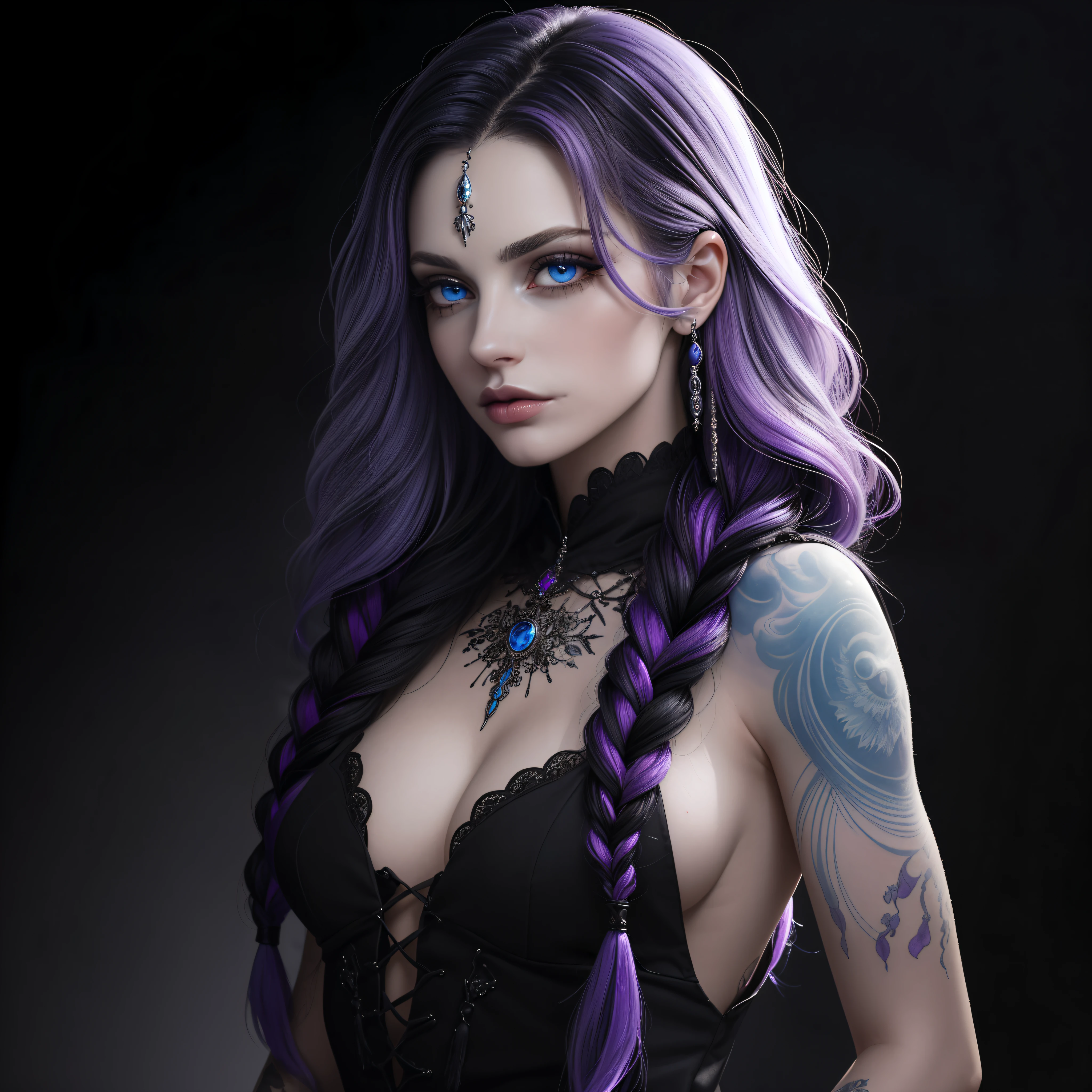 (masterpiece, best quality:1.2), extremely detailed, detailed hair, soft skin,

1woman witch, solo, standing, upper body

Gradient colored hair (white, purple and black hair), long hair, intricate braided hair

Piercing blue eyes, long eyelashes, thick eyelashes, looking at viewer,

Modern witch clothing, intricate details, jewelry, tattoos 

,