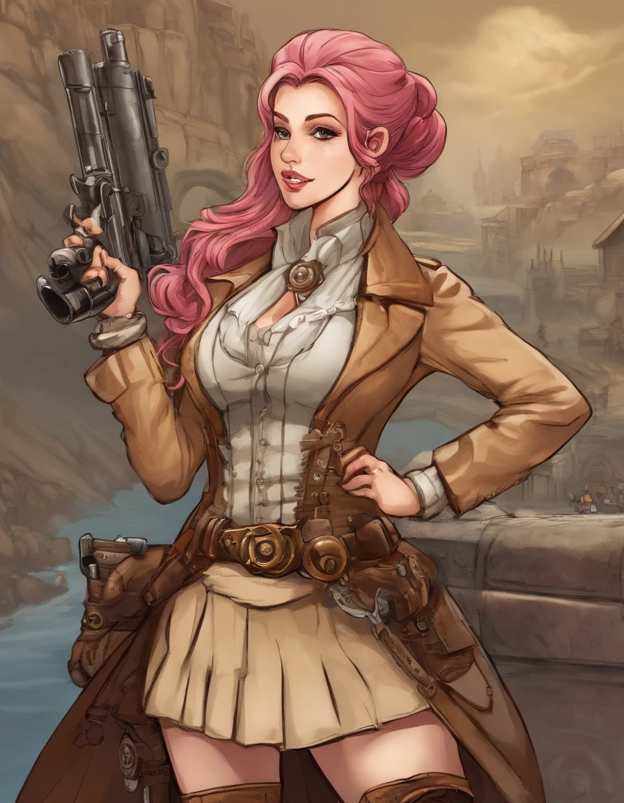 sara valestein, trails of cold steel, anime, long pink hair in a ponytail with bangs, 30 year old woman, teacher, wearing beige jacket over blue skirt, cleavage, happy drunk, resistance fighter WW2, ruined city, holding long red sword and pistol, battlefield photo, propaganda photo