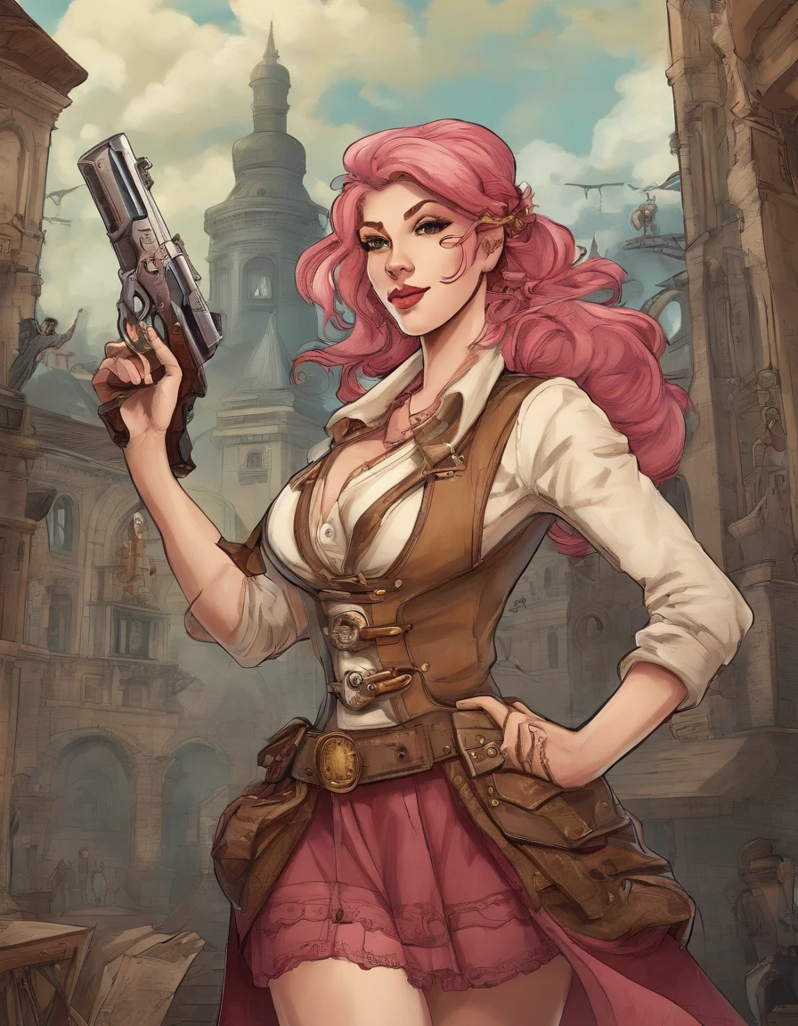 sara valestein, trails of cold steel, anime, long pink hair in a ponytail with bangs, 30 year old woman, teacher, wearing beige jacket over blue skirt, cleavage, happy drunk, resistance fighter WW2, ruined city, holding long red sword and pistol, battlefield photo, propaganda photo