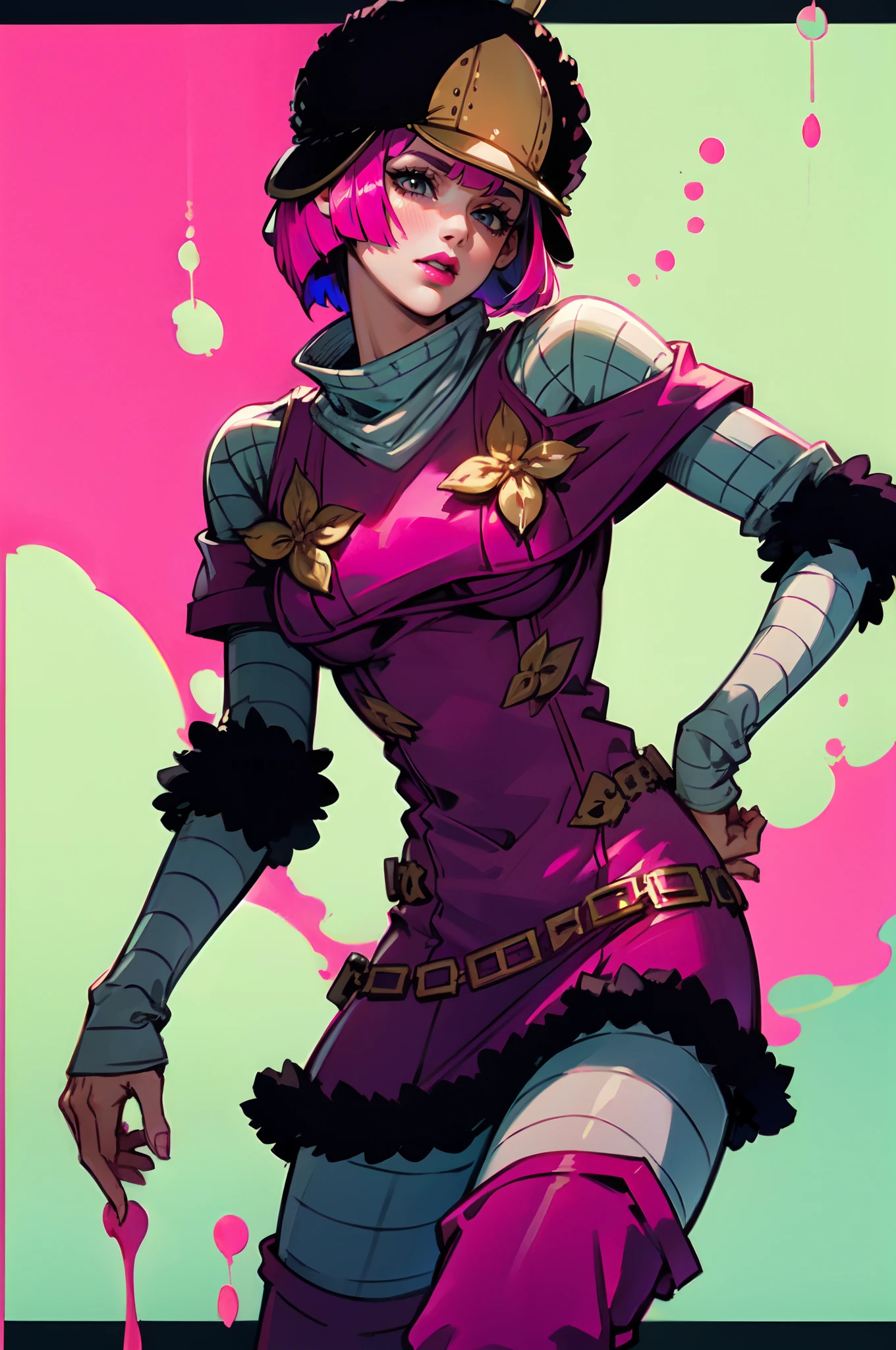 Hot Pants, 1girl, solo, hat, pink hair, pink dress, black frills, short hair, blunt bangs, striped sleeves, striped pants, cowboy shot, pink lipstick, full lips, medium breasts