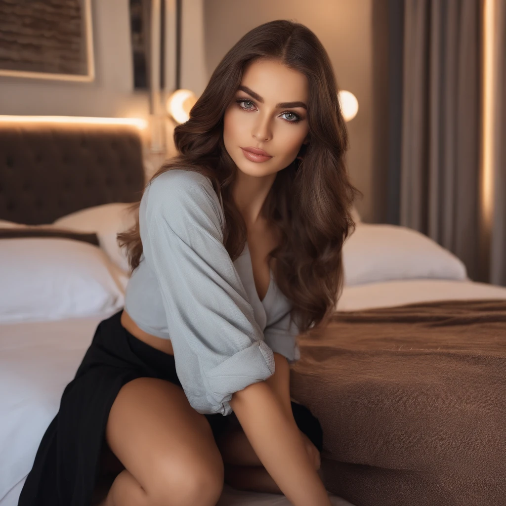 Arafed woman in full , Sexy girl with brown eyes, ultra realistis, Meticulous detail, portrait sophie mudd, brown hair and large eyes, selfie of a young woman, Dubai's Eyes, violet myers, no makeup, natural makeup, looking straight at camera, face with artgram, fine makeup, Stunning full-length shot, kneeling on the bed, in bedroom, Medium to large size bust