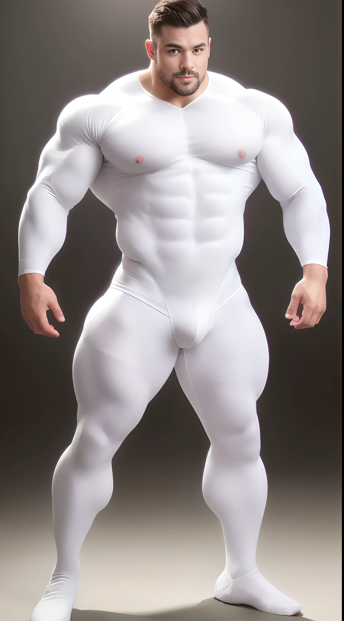 muscular body,heavy weight male,1bara,show face,no facial hairs,clean shave,full body shot,front shot of heavyweights bodybuilder standing,bodybuilder in full body white latex suit,in fullbody latex suit,have white latex as skin,rubbery sking,rubbery,textures,standing,spotlights source in front,no shadow,big pack,abs,big muscle,smiling,flexing,no background,no nipple show in pictures