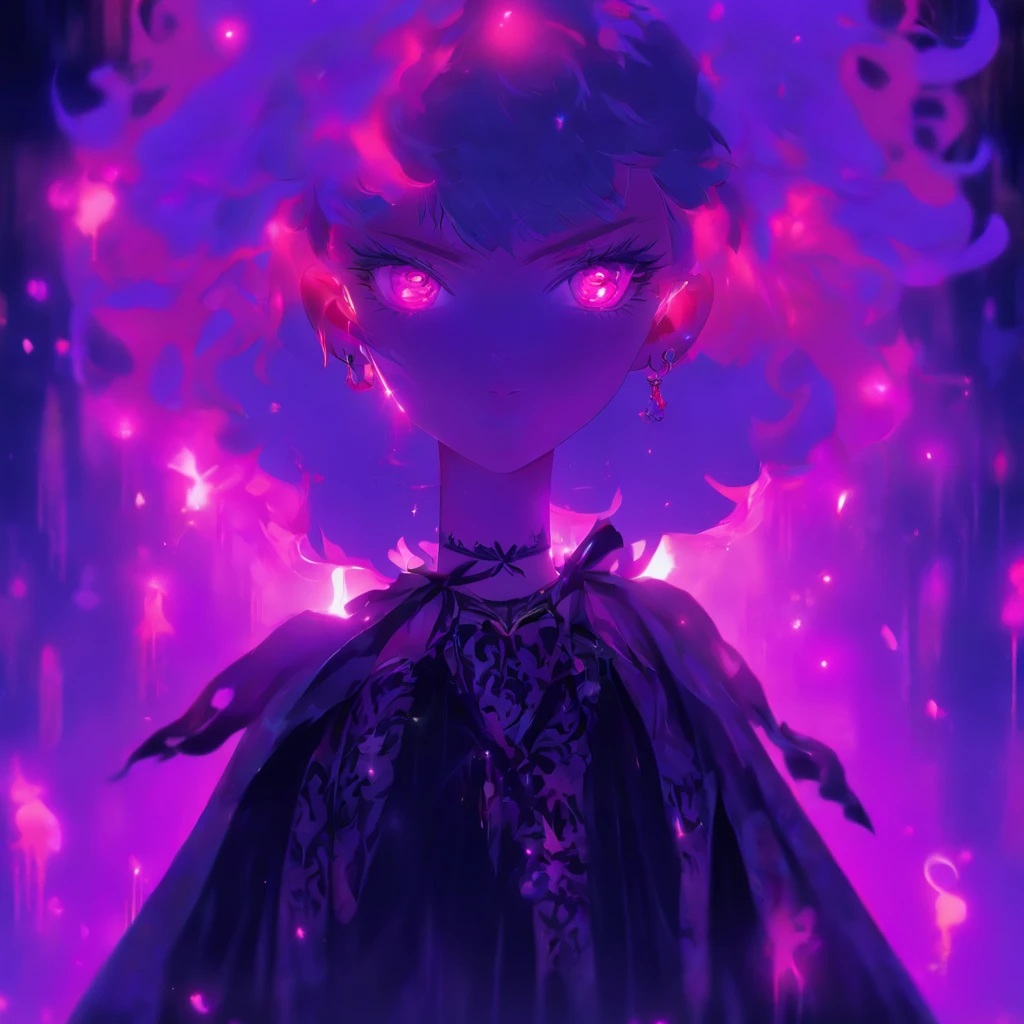 androgynous male Gothic lolita with purple shaved head, casting glowing soul spells while wearing lolita dress