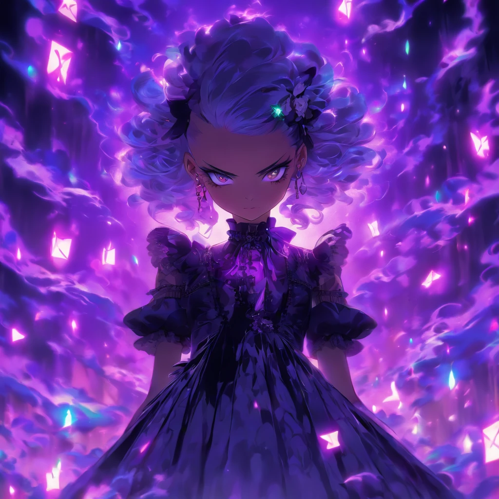 androgynous male Gothic lolita with purple shaved head, casting glowing soul spells while wearing lolita dress