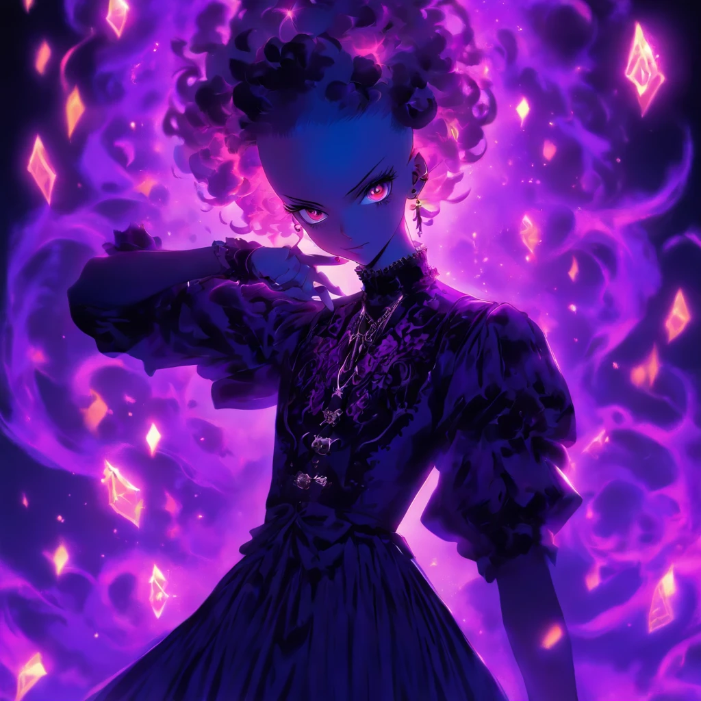 androgynous male Gothic ta with purple shaved head, casting glowing soul spells while wearing loliress