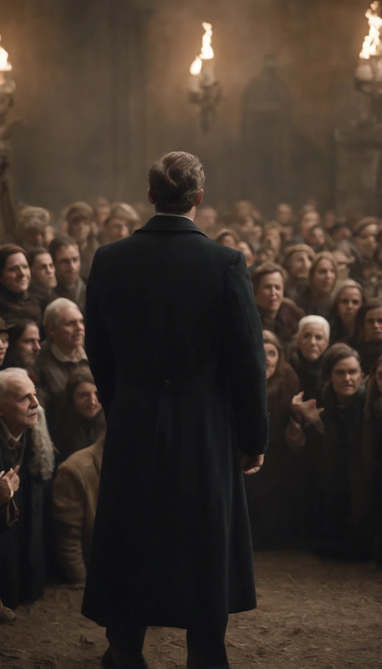 a man standing in front of a crowd of people, Afterlife, Depois da vida, anti vida, Arcane TV series style, Afinal de contas, depois de uma batalha, style arcane tv series, estilo de carbono alterado, resultado, after effects, filme live action, Alfred and the afterlife, A vida depois da peste, series on netflix, filme live action
