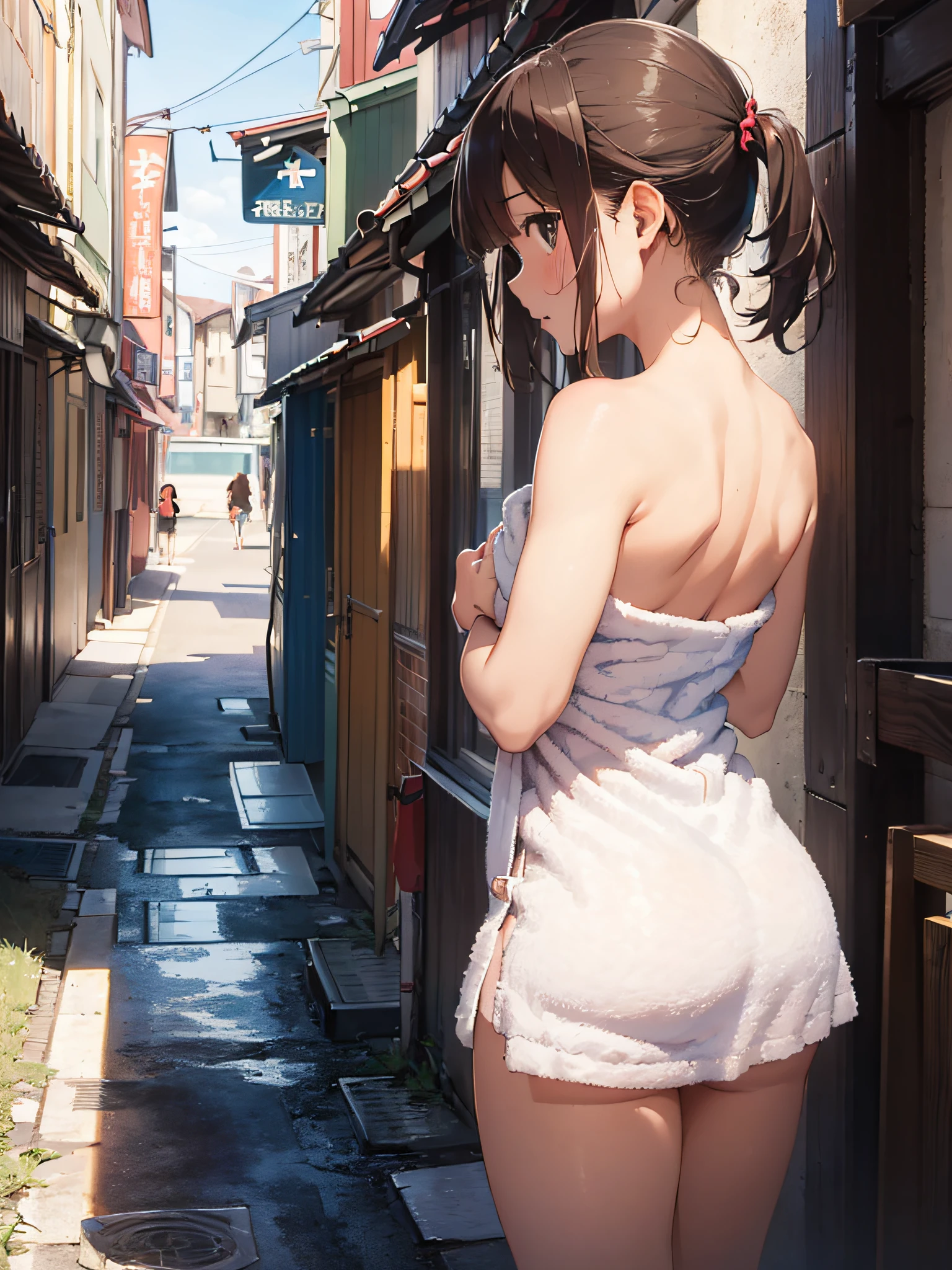 (masterpiece:2.0), (top-quality:2.0), (naked extremely small towel:1.5), (view from the side:1.5), (perfect exposed shoulders:1.5), (perfect exposed nape:1.5), (super sexypose:1.5), (blushed face:1.3), (barechested:1.3), (realistic:1.5), 1 , precise small hands, Embarrassed look, light smile, Open mouth, extremely cute girl, innocent face, young face, Clear eyes, Shining eyes, shoulder is visible, small breast, thigh is visible, The buttocks is visible, No pubic hair, dynamic posing, The beautiful skin, ultra-definition, Top resolution, japan high school student, brown hair