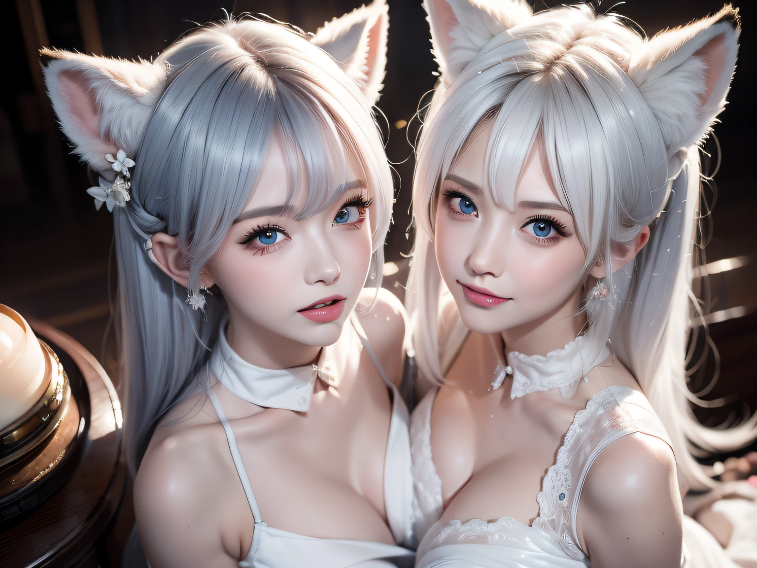 Two Miss Fox Demons,T-shirt wraps around your neck,High collar、High collar、High collar、High collar、High collar、High collar、Fox Devil Fox Years White Hair Girl,You can overlook the night view of Chang'an,Sexy and feminine,sit pose,Fluffy fox ears,fox tails,No ears,reddish tones,Gorgeous fireworks background,Pink floral maxi dress,The beauty of fox ears alone,Cover chest,Clan girls,Fox's eye,Enchanted,Charming,16 K, best qualtiy, tmasterpiece, Raised sexy, Highly detailed face and eyes, professional make up, ,, glow blue eyes,White-haired girl with fox ears、Camera angle from above、Looking here、