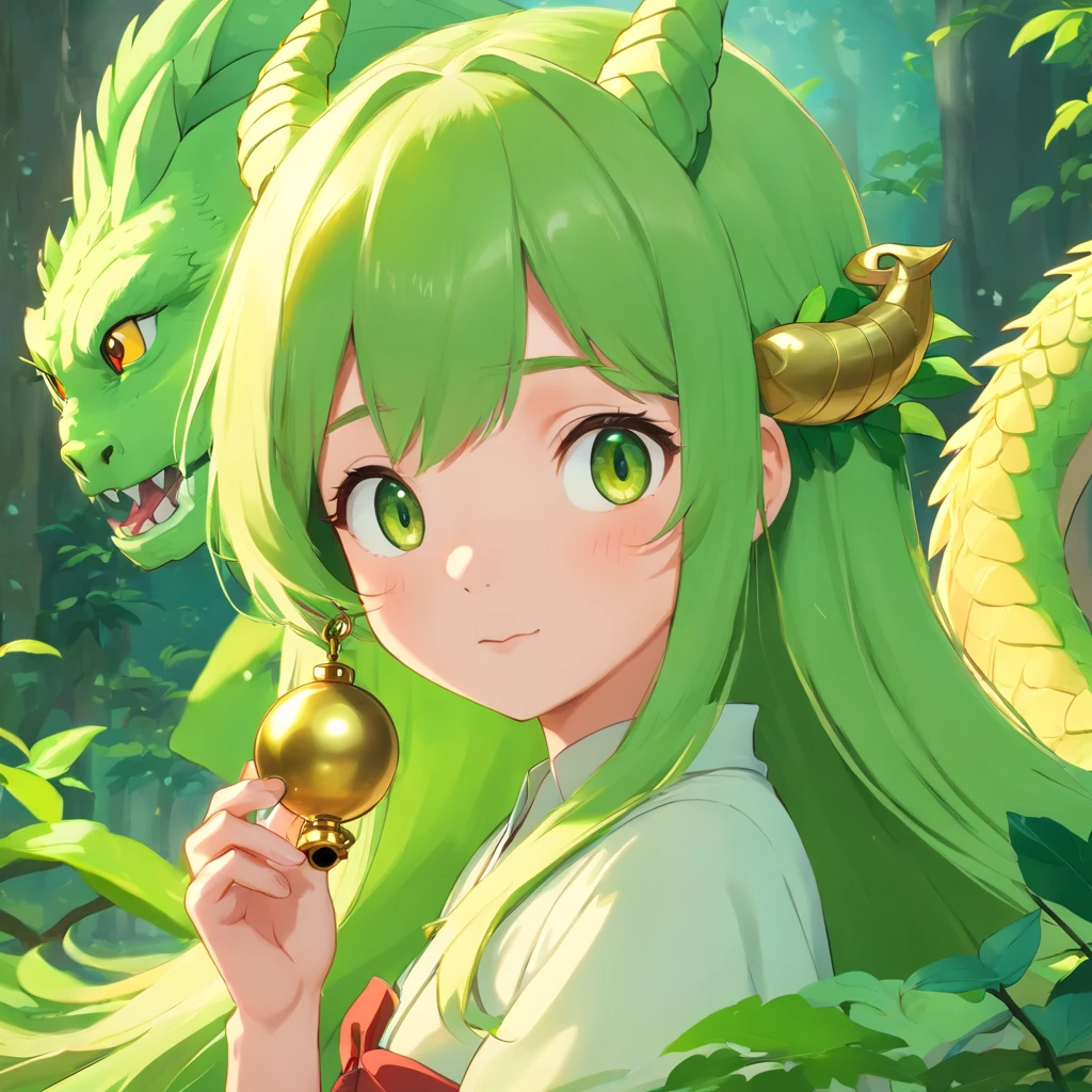 There is a green dragon with a golden bell on its head, Cute detailed digital art, lovely digital painting, cute little dragon, author：tooth wu, style of wlop, adorable digital art, [ trending on CGSociety ]!!, by Russell Dongjun Lu, Phlegm sputum, phlegm! pastel colour, 🌺 CGSesociety, by Yang J, Trends in CG society