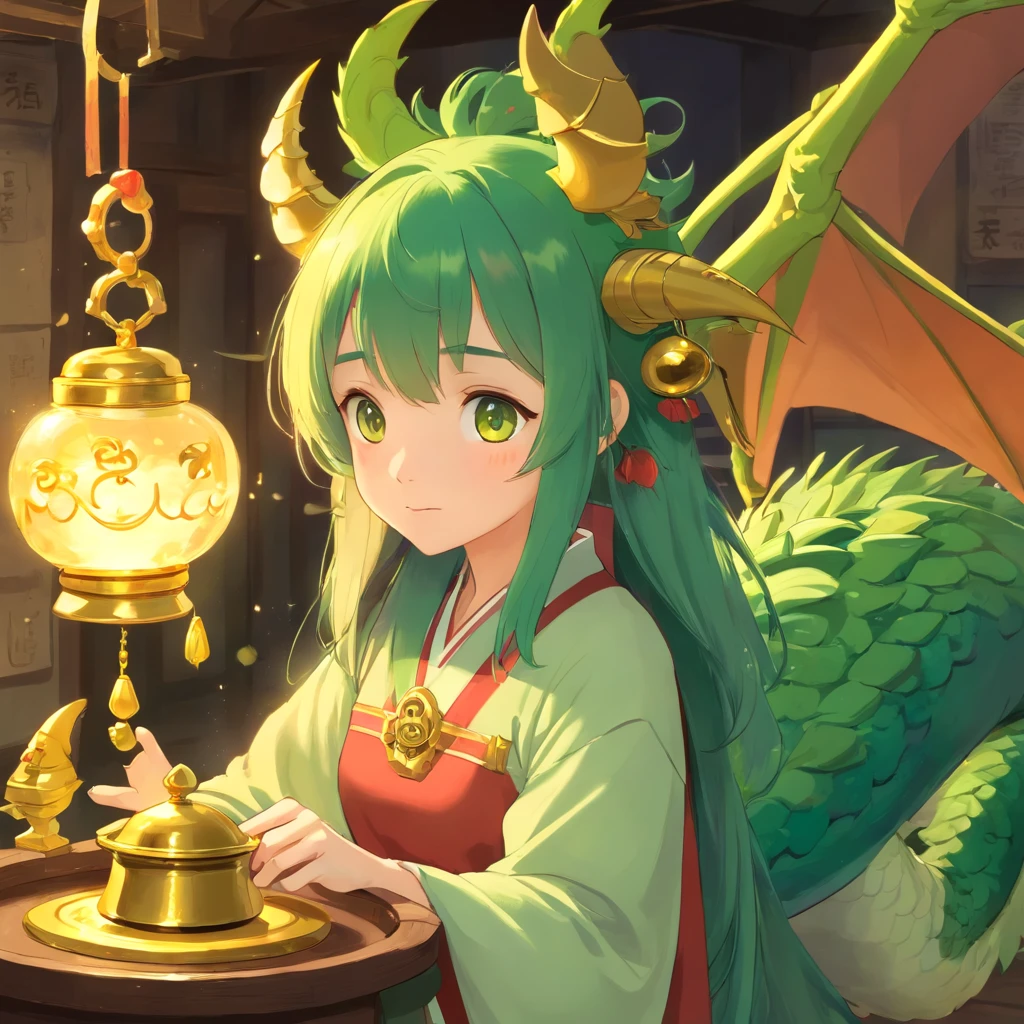 There is a green dragon with a golden bell on its head, Cute detailed digital art, lovely digital painting, cute little dragon, author：tooth wu, style of wlop, adorable digital art, [ trending on CGSociety ]!!, by Russell Dongjun Lu, Phlegm sputum, phlegm! pastel colour, 🌺 CGSesociety, by Yang J, Trends in CG society