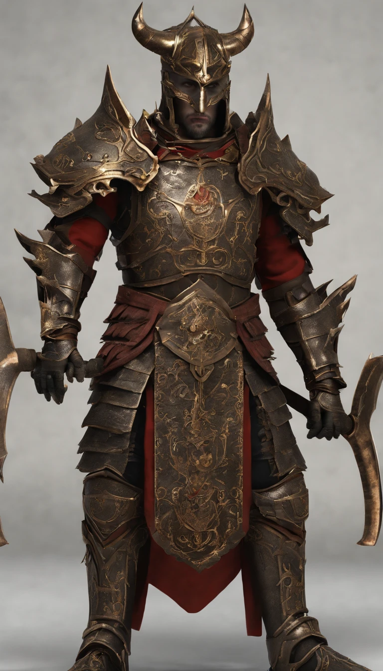 warrior, concept-art, author：Kishiganku, Fantasy art, Zen temple background, clean render, a horned, Wear a suit of armor, Detailed bushido form smoke, helmet of a forgotten deity, character is standing, 8k Realistic, in game render, detailed face background detail, Art station front page, taur, Pseudo-medieval fantasy, A deity wearing koi armor, detailed bronze armor, Bronze armor, golden etched armor, gold obsidian armor, Light gold armor, Gorgeous filigree armor, A demonic warrior, Gorgeous armor full of thorns, Intricate assasin armor, Intricate metal armor, powerful warrior, Dressed in gorgeous gold armor，Decorated with intricate patterns, The helmet has a large crown and two horns,Glowing red eyes， Everything is in the dark, The smoky background hints at battle scenes, Add an ominous aura to his character，submission, Full body shot.fully body photo