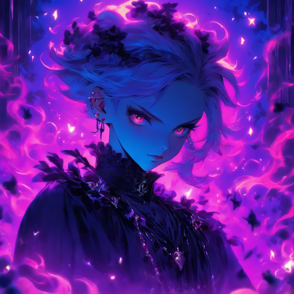 androgynous male Gothic lolita with purple shaved head, casting glowing soul spells while wearing lolita dress