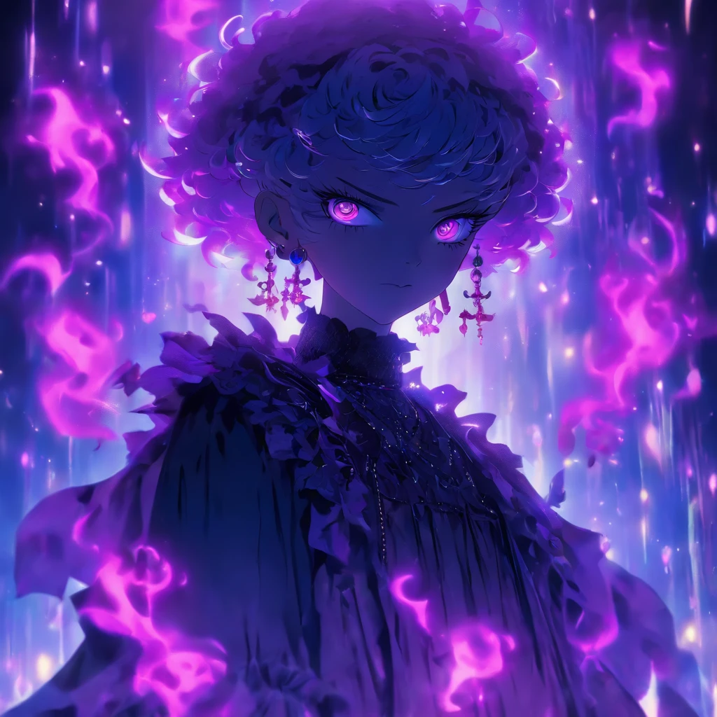 androgynous male Gothic lolita with purple shaved head, casting glowing soul spells while wearing lolita dress