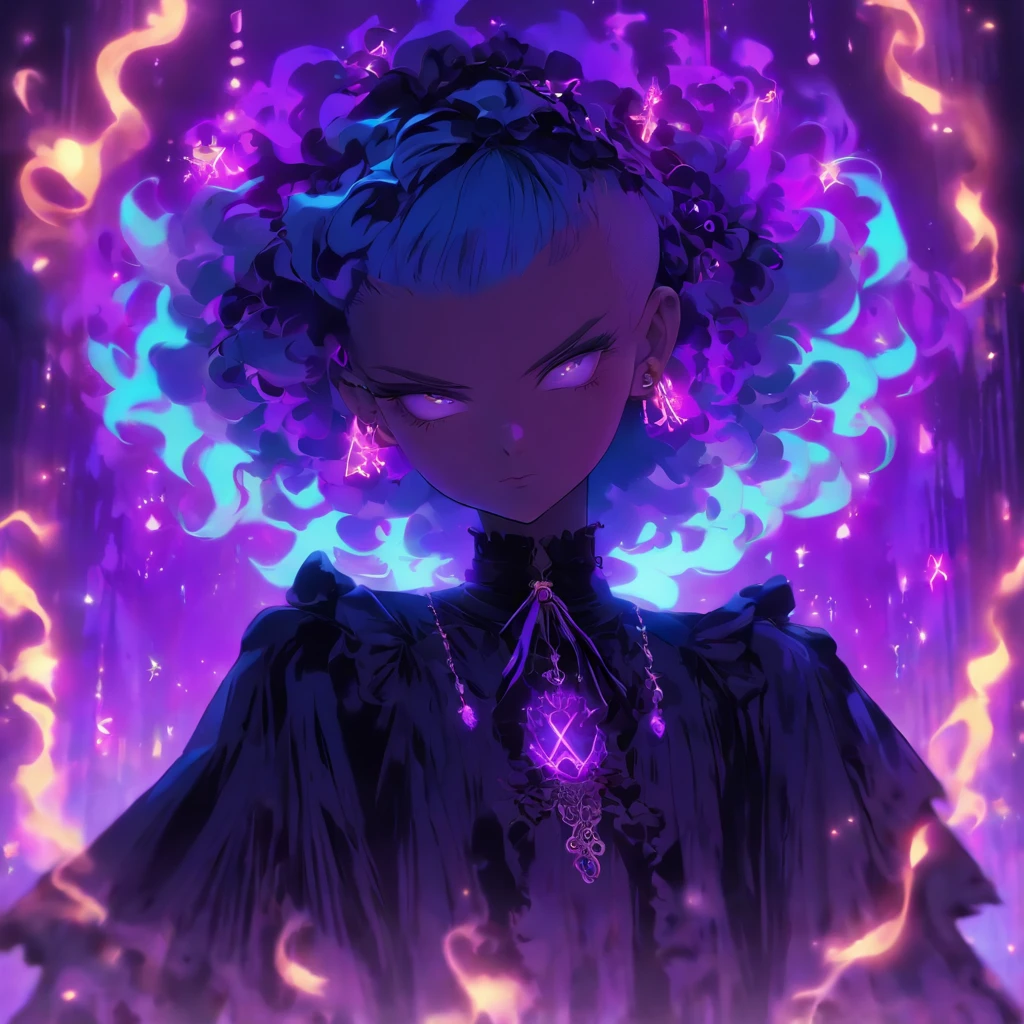 androgynous male Gothic ta with purple shaved head, casting glowing soul spells while wearing loliress