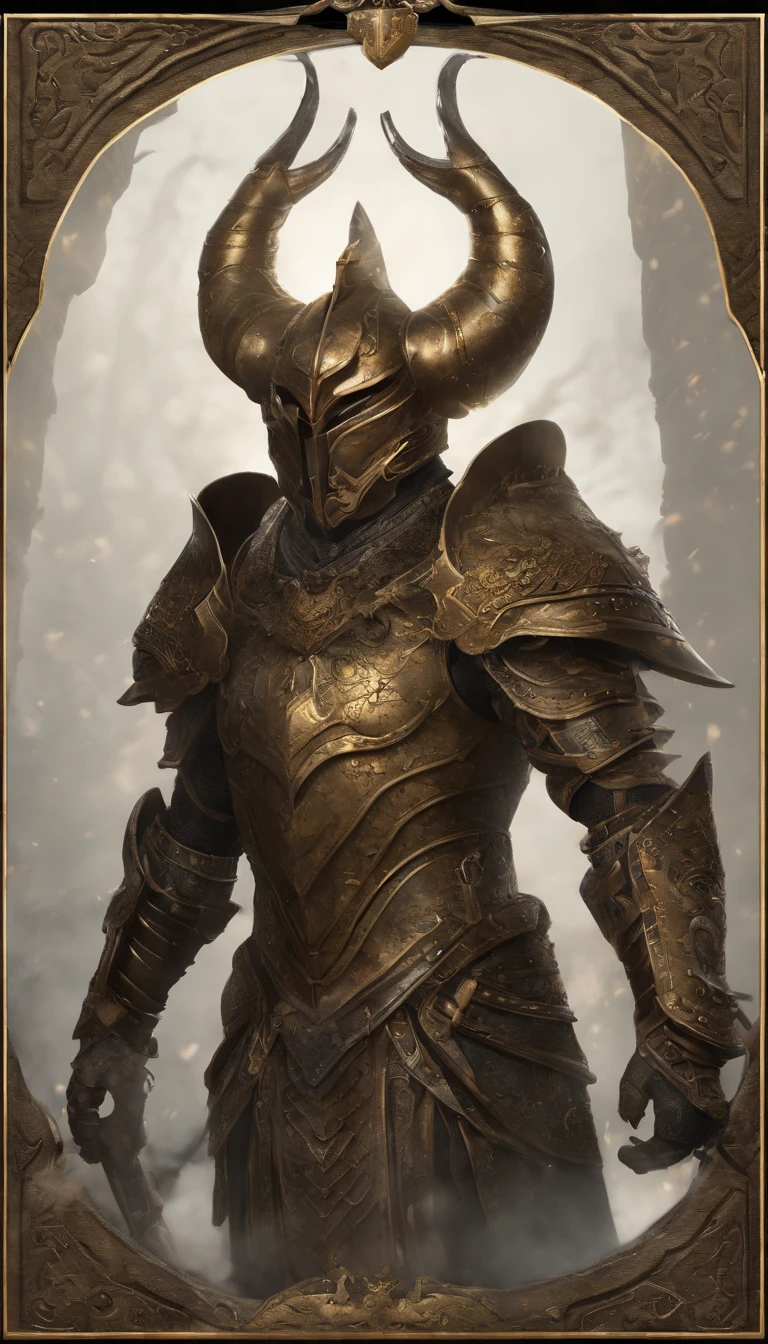warrior, concept-art, author：Kishiganku, Fantasy art, Zen temple background, clean render, a horned, Wear a suit of armor, Detailed bushido form smoke, helmet of a forgotten deity, character is standing, 8k Realistic, in game render, detailed face background detail, Art station front page, taur, Pseudo-medieval fantasy, A deity wearing koi armor, detailed bronze armor, Bronze armor, golden etched armor, gold obsidian armor, Light gold armor, Gorgeous filigree armor, A demonic warrior, Gorgeous armor full of thorns, Intricate assasin armor, Intricate metal armor, powerful warrior, Dressed in gorgeous gold armor，Decorated with intricate patterns, The helmet has a large crown and two horns,Glowing red eyes， Everything is in the dark, The smoky background hints at battle scenes, Add an ominous aura to his character，submission, Full body shot.