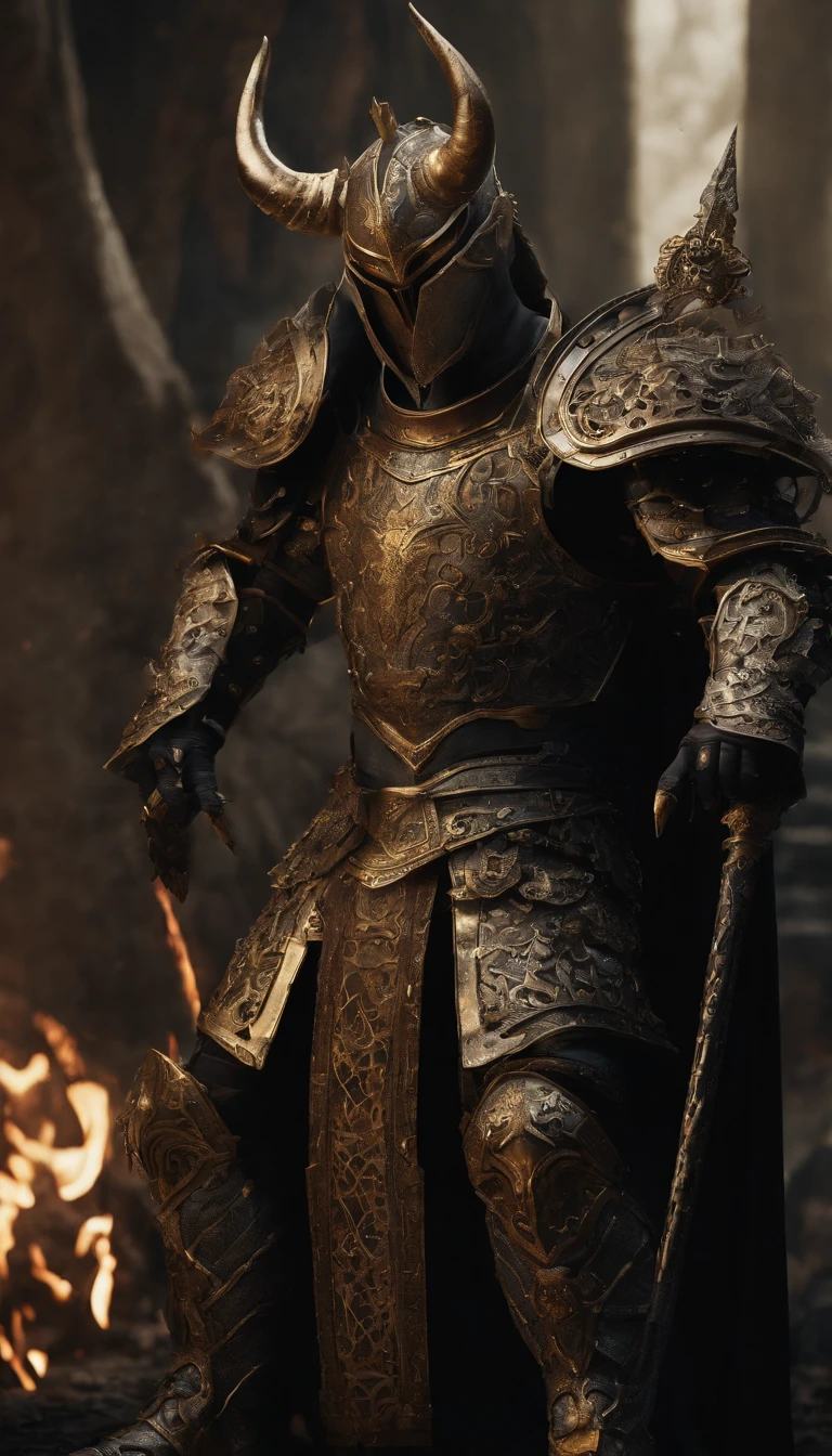 warrior, concept-art, author:Kishiganku, Fantasy art, Zen temple background, clean render, a horned, Wear a suit of armor, Detailed bushido form smoke, helmet of a forgotten deity, character is standing, 8k Realistic, in game render, detailed face background detail, Art station front page, taur, Pseudo-medieval fantasy, A deity wearing koi armor, detailed bronze armor, Bronze armor, golden etched armor, gold obsidian armor, Light gold armor, Gorgeous filigree armor, A demonic warrior, Gorgeous armor full of thorns, Intricate assasin armor, Intricate metal armor, powerful warrior, Dressed in gorgeous gold armor,Decorated with intricate patterns, The helmet has a large crown and two horns,Glowing red eyes, Everything is in the dark, The smoky background hints at battle scenes, Add an ominous aura to his character,submission, Full body shot.