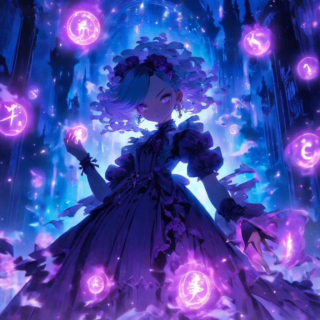androgynous male Gothic lolita with purple shaved head, casting glowing soul spells while wearing lolita dress