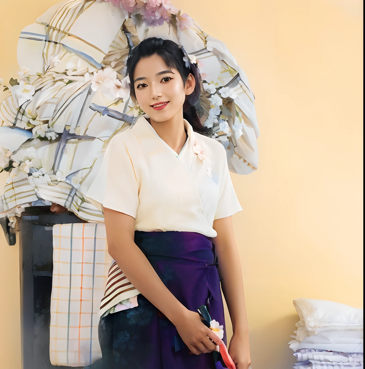 (masterpiece,best quality:1.5), ultra realistic,32k,RAW photo,(high detailed skin:1.2), 8k uhd, dslr, soft lighting, high quality, film grain, 1girl, pink kimono, standing, looking at viewer, smile, japanese clothes, (flower:1.3) susato mikotoba,