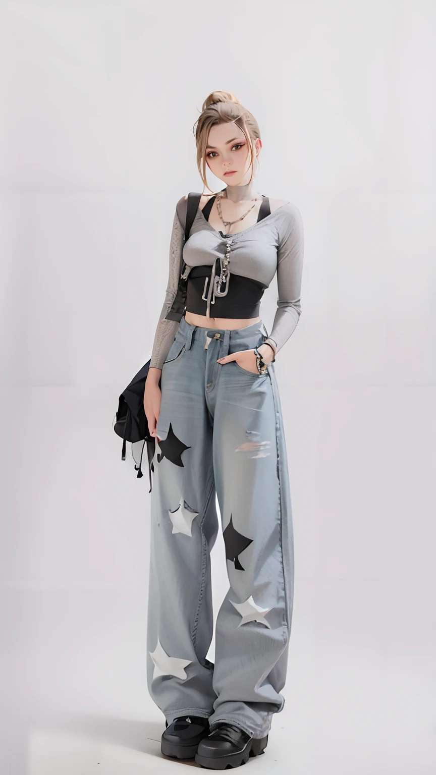 A woman in a black top and jeans,There are stars on it, kawaii shirt and jeans, with ripped crop t - shirt, wearing a cropped top, baggy jeans, wearing a crop top, wearing sexy cropped top, wearing a cropped top, wearing a crop top, jeans pants, Y2K style, y 2 k style, with a thin waist, With stars