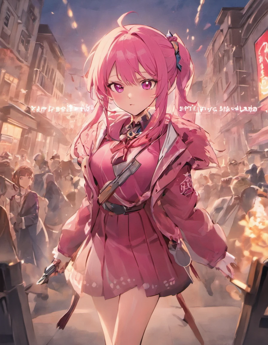 sara valestein, trails of cold steel, long pink hair in a ponytail with bangs, 30 year old woman, teacher, wearing beige jacket over blue skirt, cleavage, happy drunk, resistance fighter WW2, ruined city, holding long red sword and pistol, battlefield photo, propaganda photo