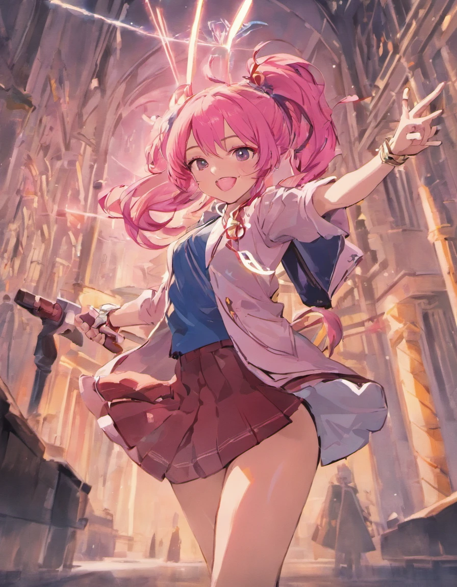 sara valestein, trails of cold steel, long pink hair in a ponytail with bangs, 30 year old woman, teacher, wearing beige jacket over blue skirt, cleavage, happy drunk, resistance fighter WW2, ruined city, holding long red sword and pistol, battlefield photo, propaganda photo