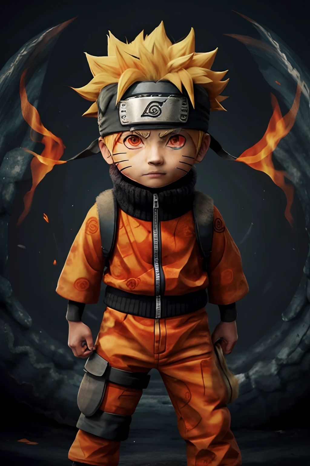 Naruto,1boy, black_background, fire, 9 fox tails,