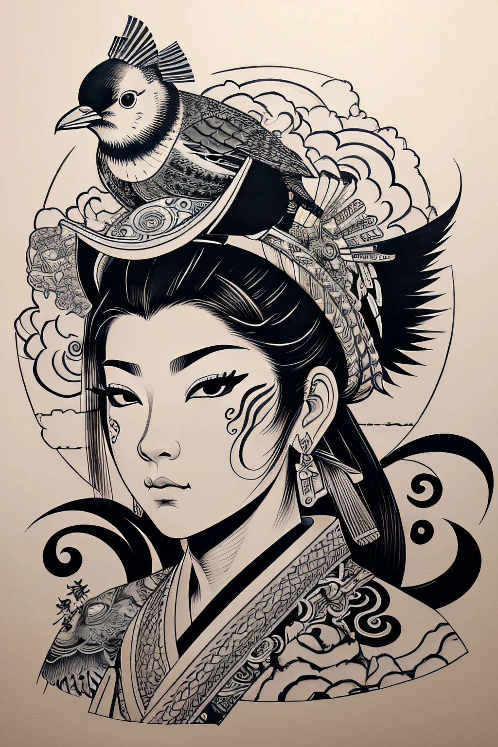 A woman with a samurai hat and a bird on her head, arte a tinta, Shohei Otomo, inspired by Shunkōsai Hokushū, Directed by: Eddie Mendoza, desenho a tinta, inspirado em Shinoda Toko, desenho com tinta, elaborate ink illustration, Shikishi, inspired by Eishōsai Chōki, sketch tattoo, arte da tatuagem